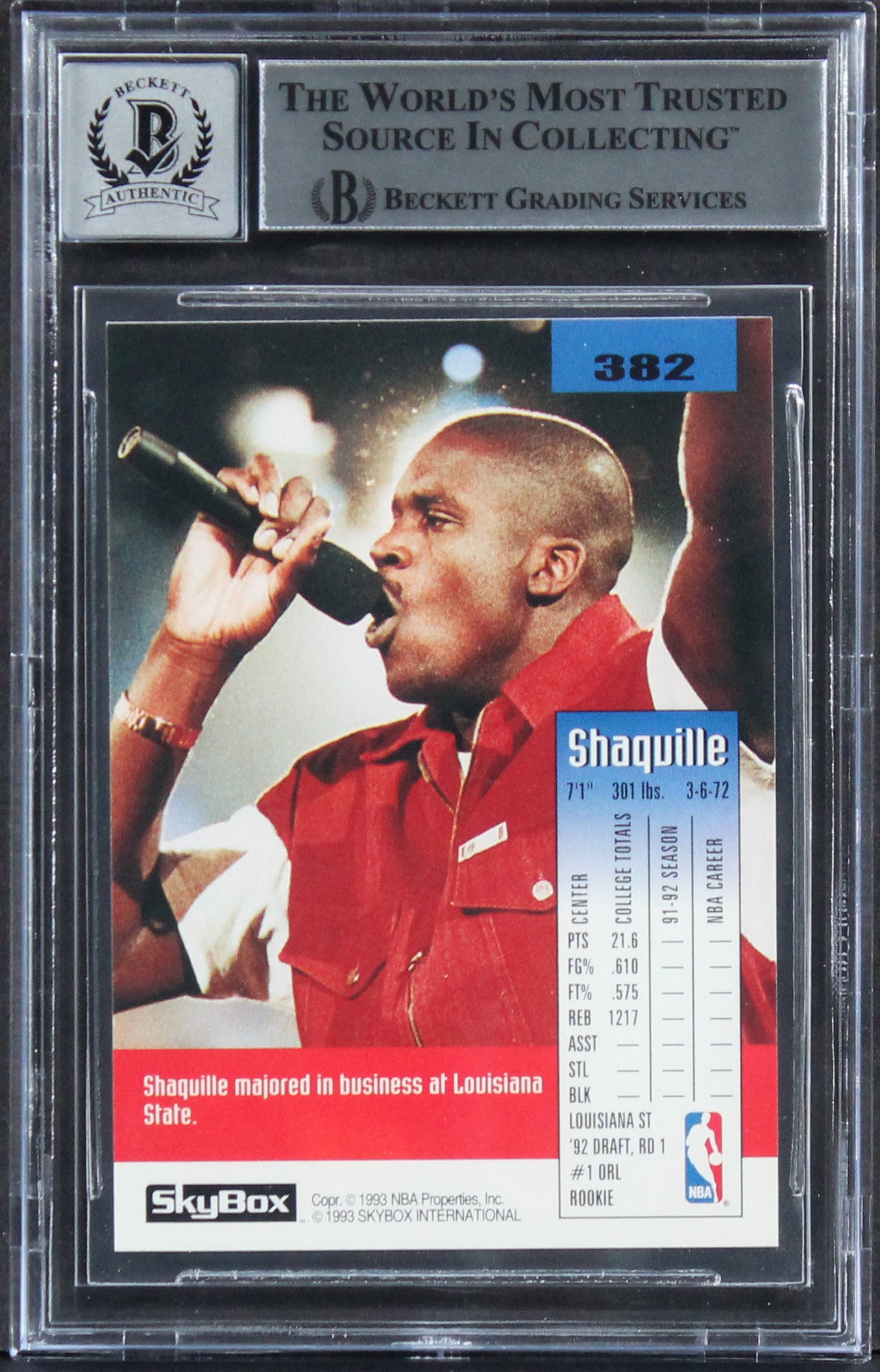 Magic Shaquille O'Neal Signed 1992 Skybox #382 Rookie Card Auto 10! BAS Slabbed