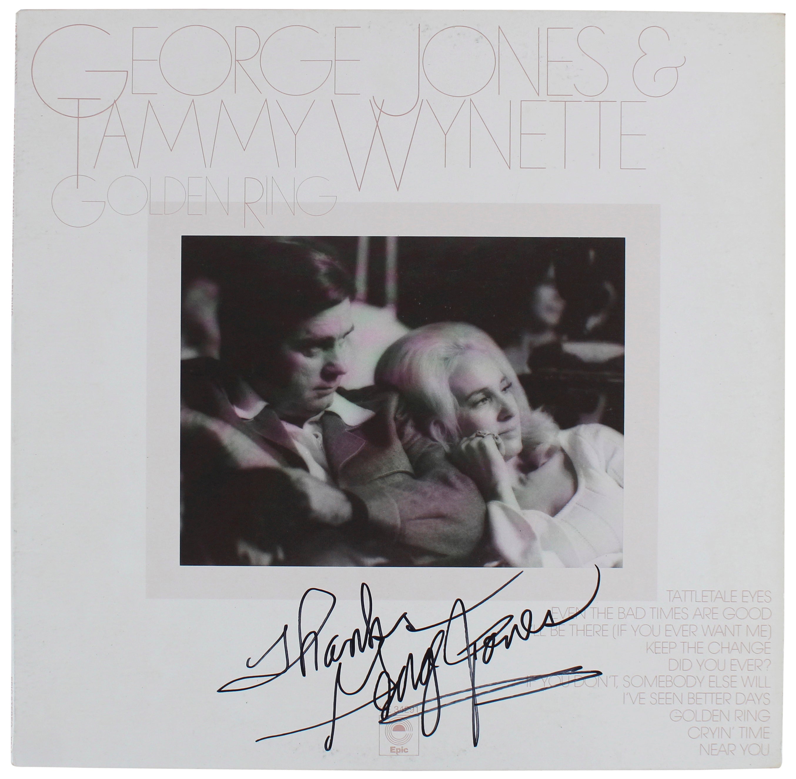 George Jones "Thanks" Authentic Signed Golden Ring Album Cover BAS #BG83049