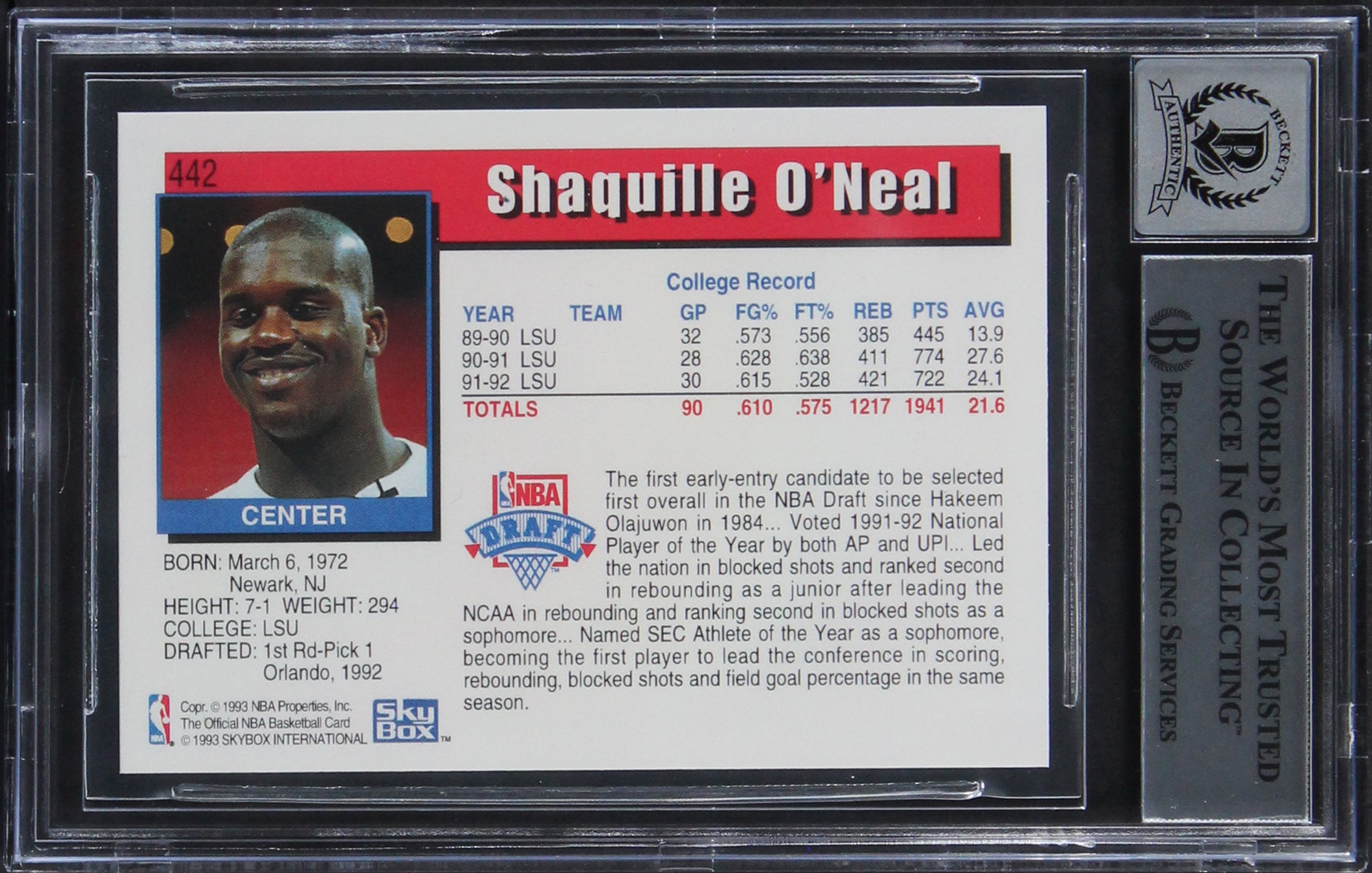 Magic Shaquille O'Neal Signed 1992 Hoops #442 Rookie Card Auto 10! BAS Slabbed