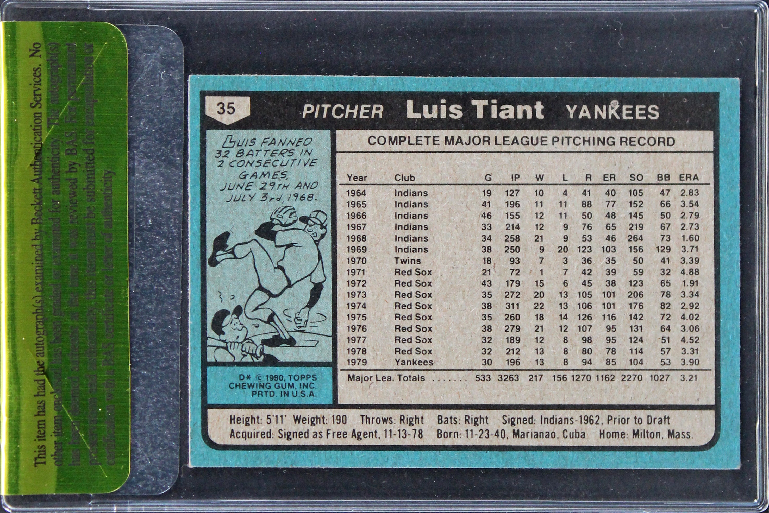 Yankees Luis Tiant Authentic Signed 1980 Topps #35 Card Autographed BAS #11393