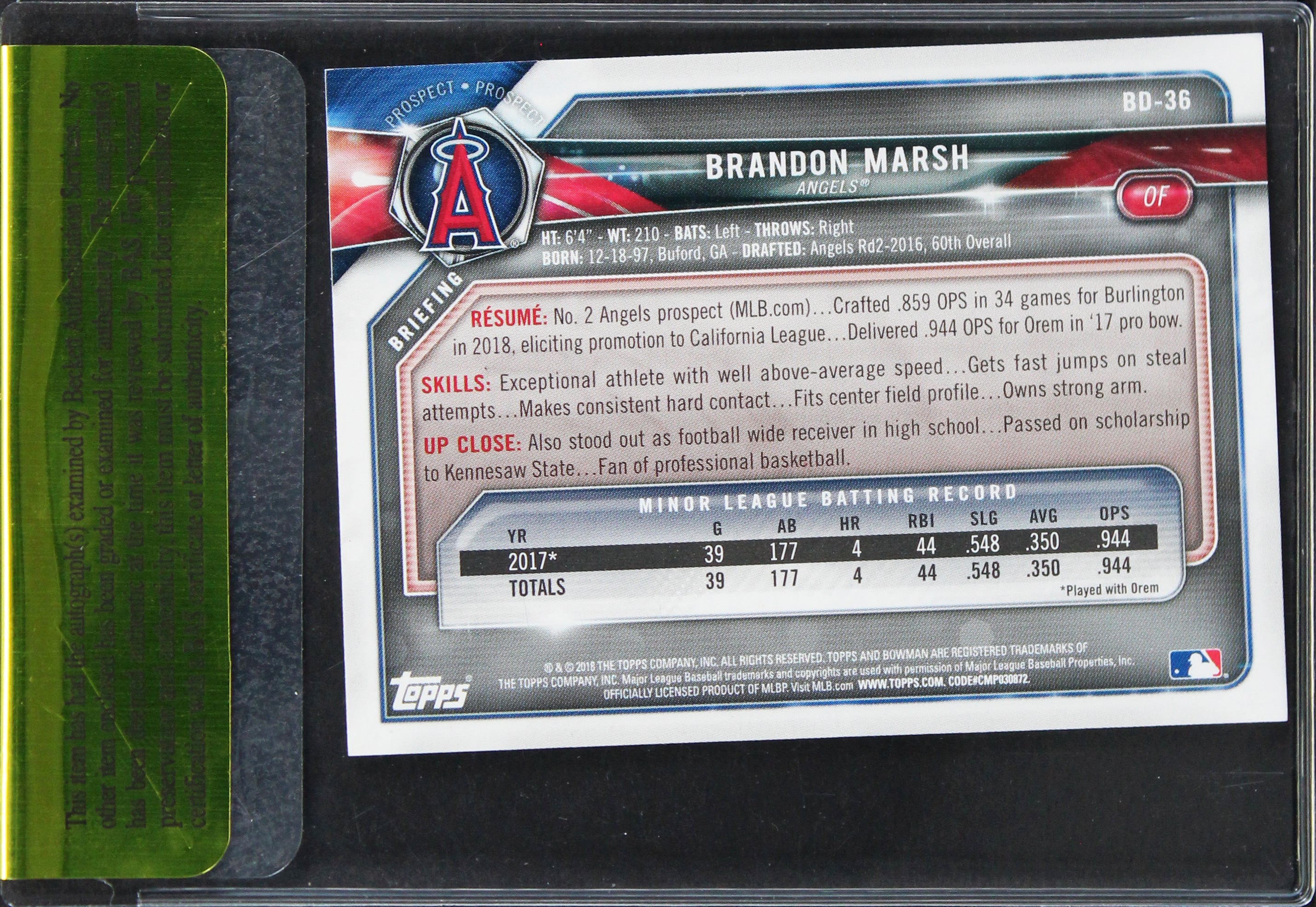 Angels Brandon Marsh Authentic Signed 2018 Bowman #BD-36 Card BAS #11378