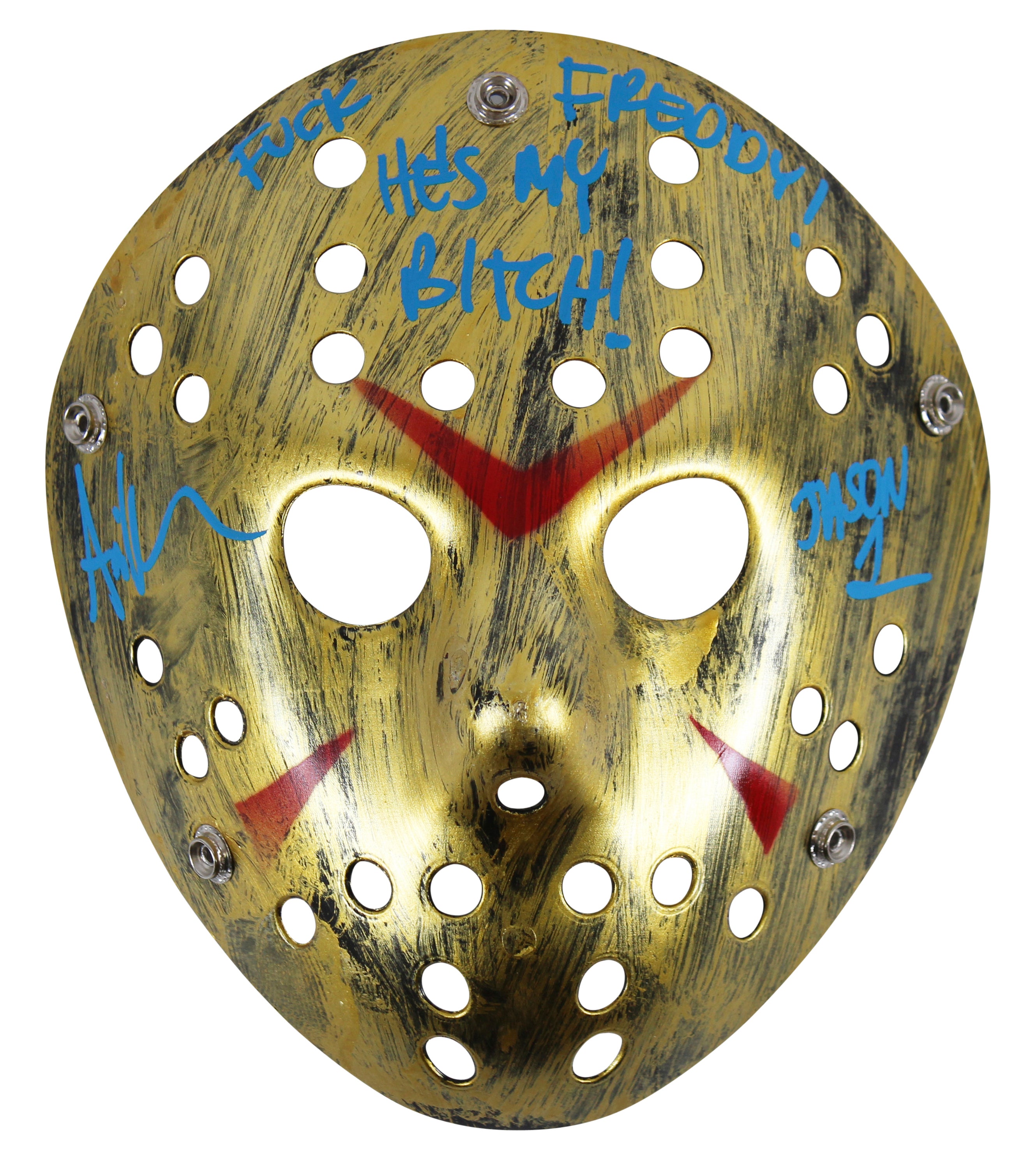 Ari Lehman Friday The 13th "F*** Freddy!" Signed Gold Jason Mask BAS Witnessed