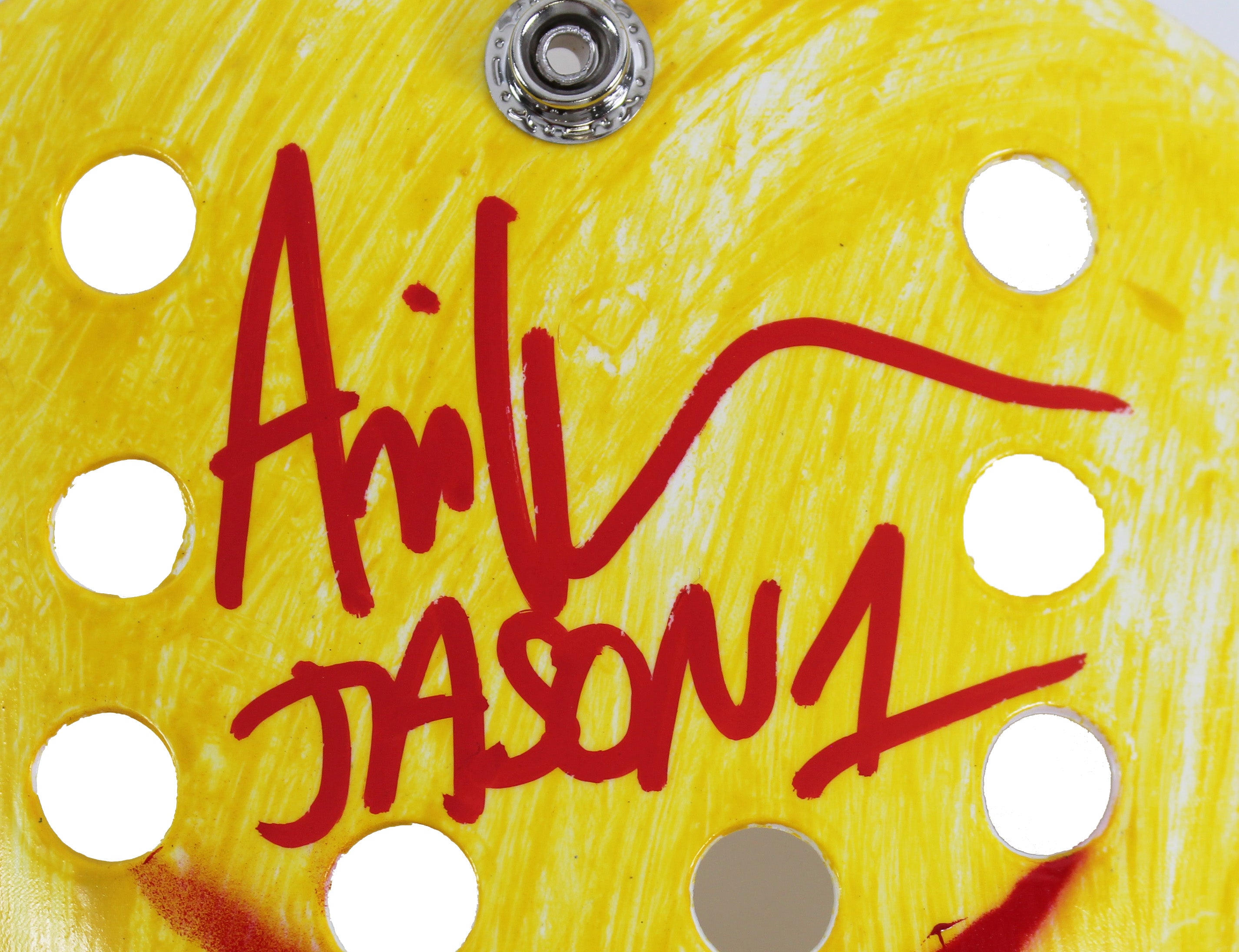 Ari Lehman Friday The 13th "Jason 1" Signed Yellow Jason Mask w/ Red Sig BAS Wit