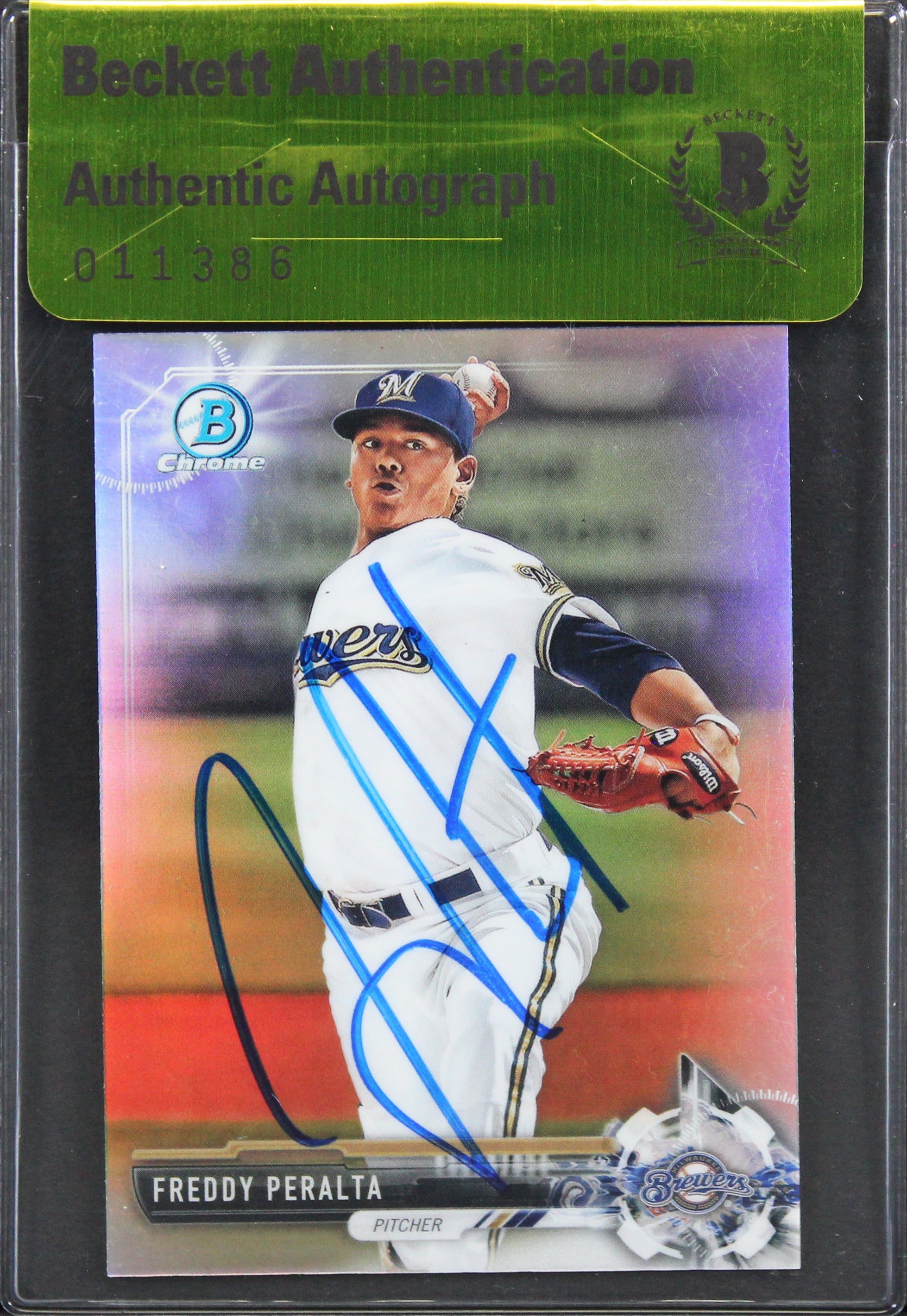 Brewers Freddy Peralta Signed 2017 Bowman Chrome #BDC-29 Card BAS #11386