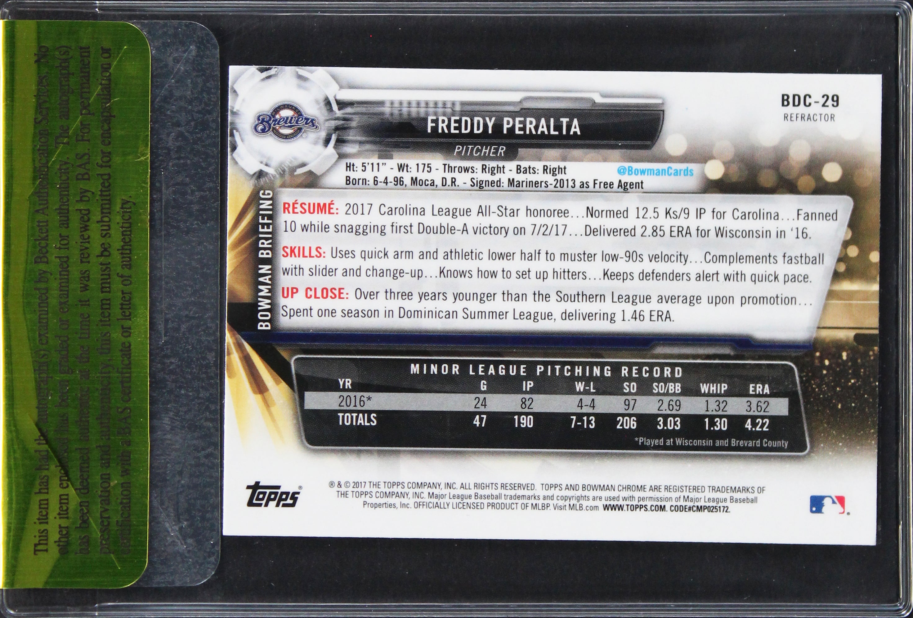 Brewers Freddy Peralta Signed 2017 Bowman Chrome #BDC-29 Card BAS #11386