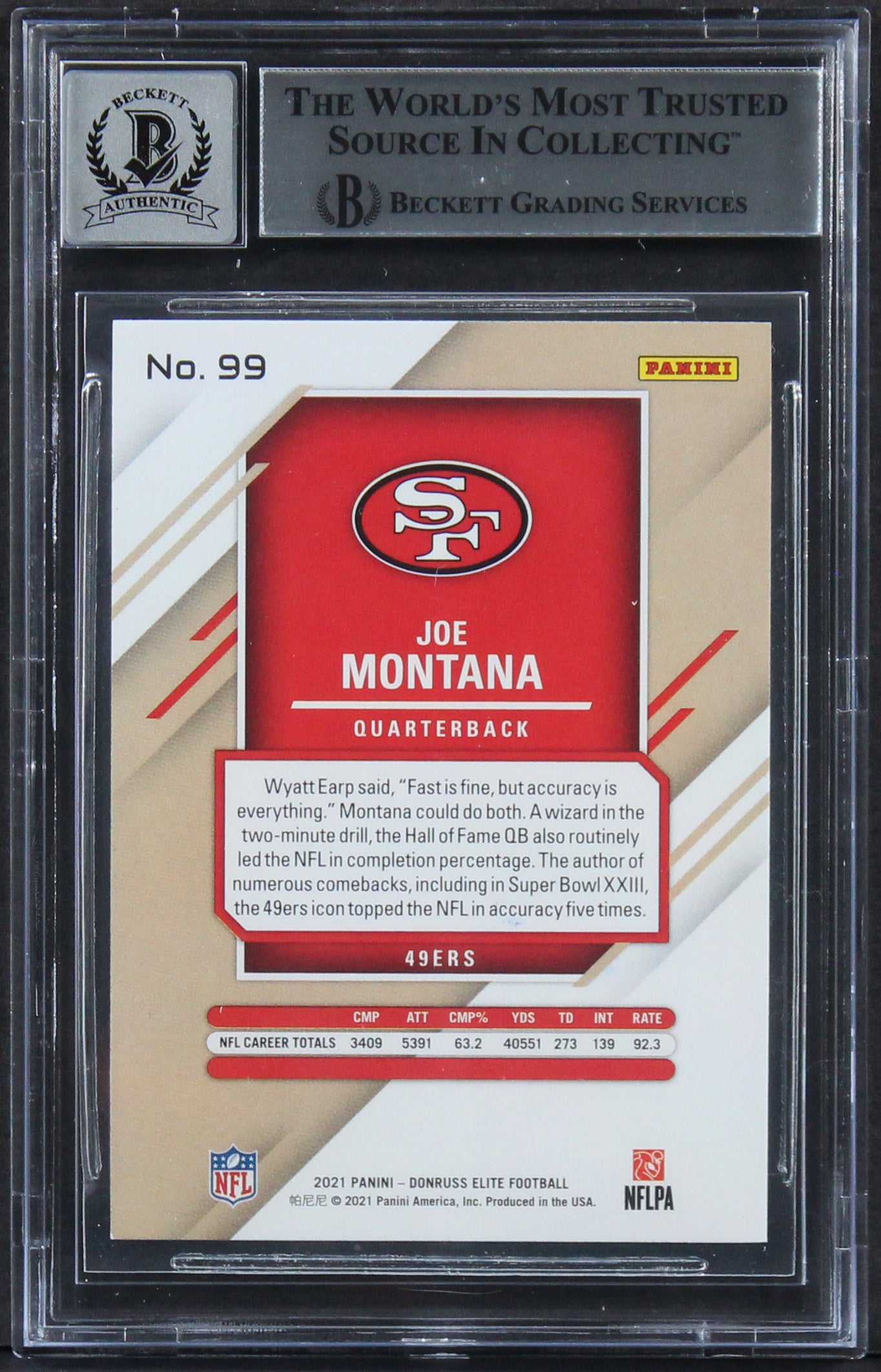 49ers Joe Montana Authentic Signed 2021 Elite #99 Card Auto 10! BAS Slabbed