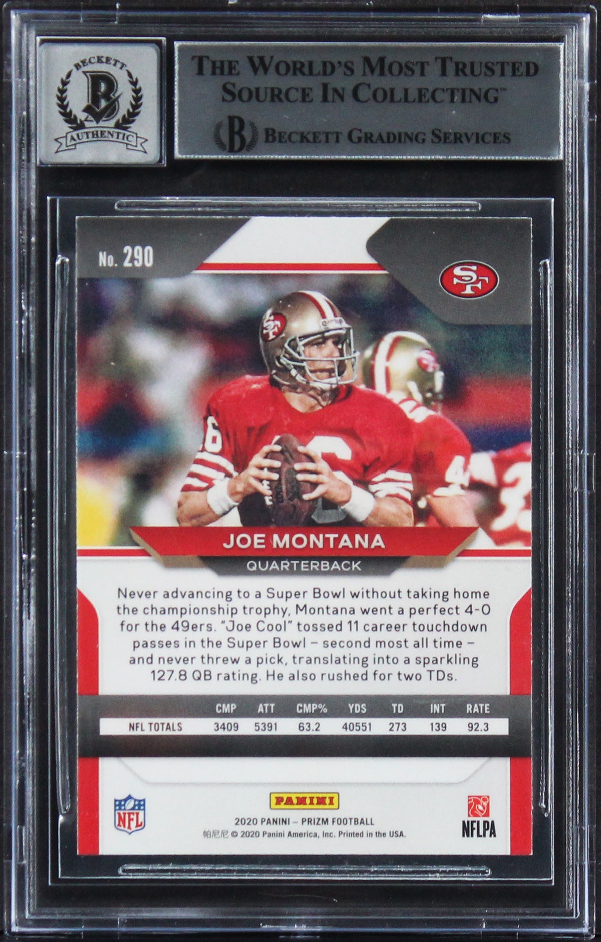 49ers Joe Montana Signed 2020 Panini Prizm #290 Card Auto 10! BAS Slabbed