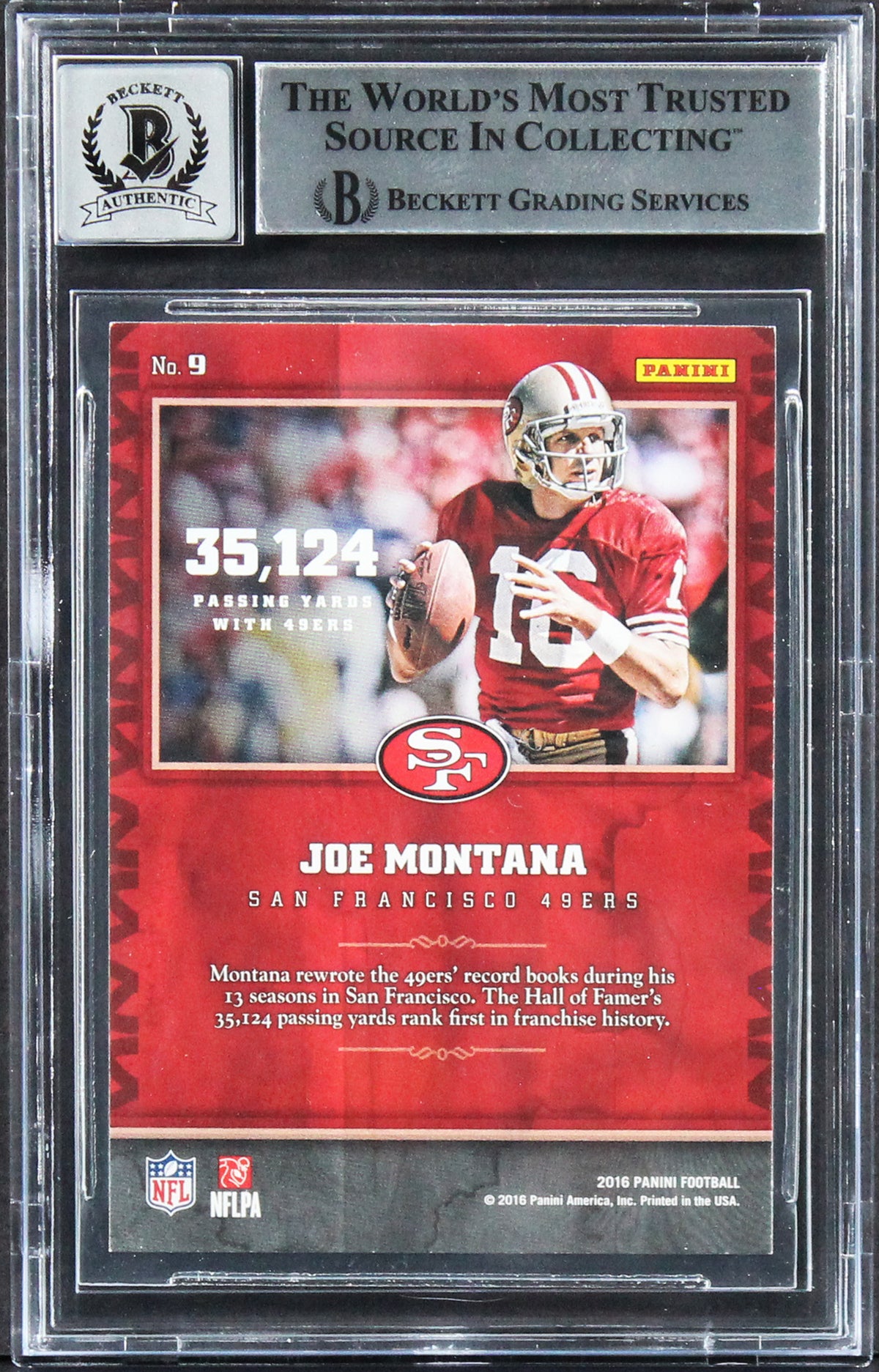 49ers Joe Montana Signed 2016 Panini Accolades #9 Card Auto 10! BAS Slabbed