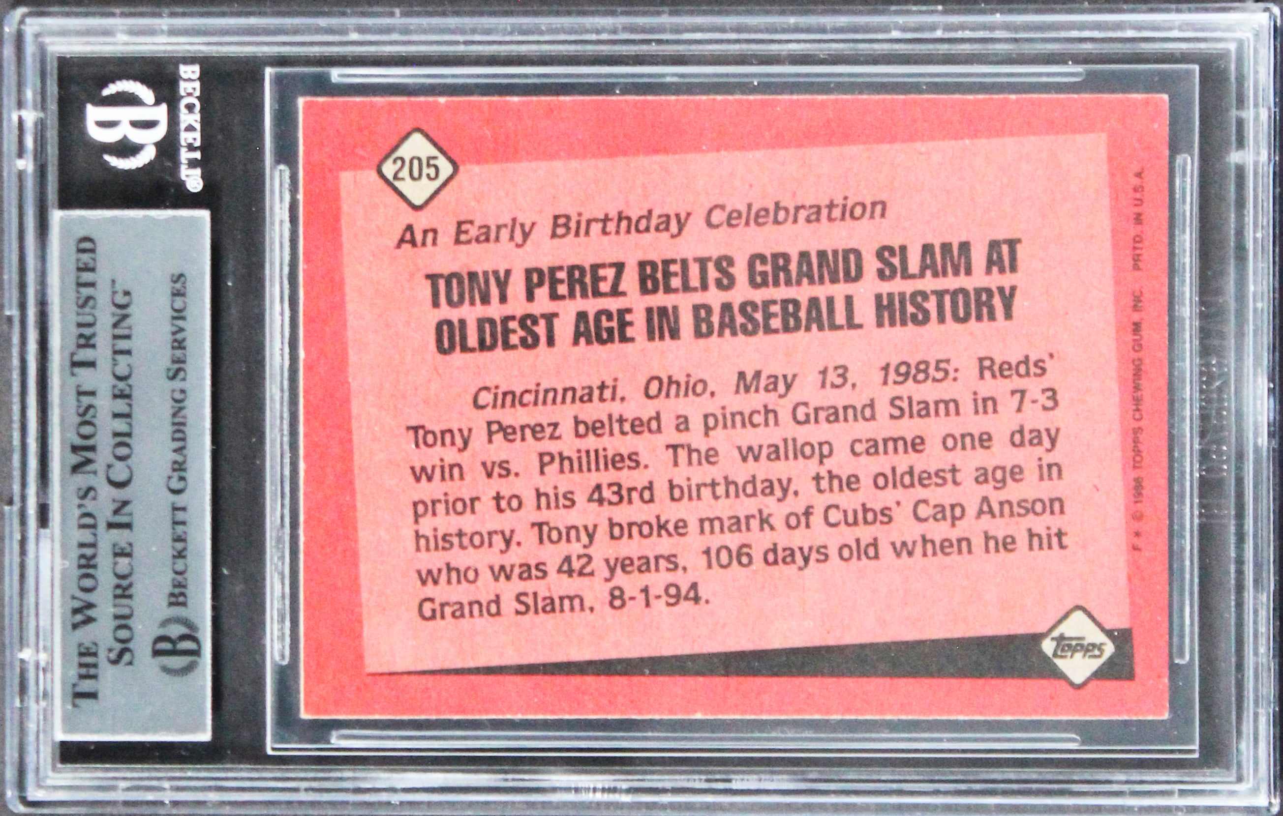 Reds Tony Perez Authentic Signed 1986 Topps #205 Card Autographed BAS Slabbed