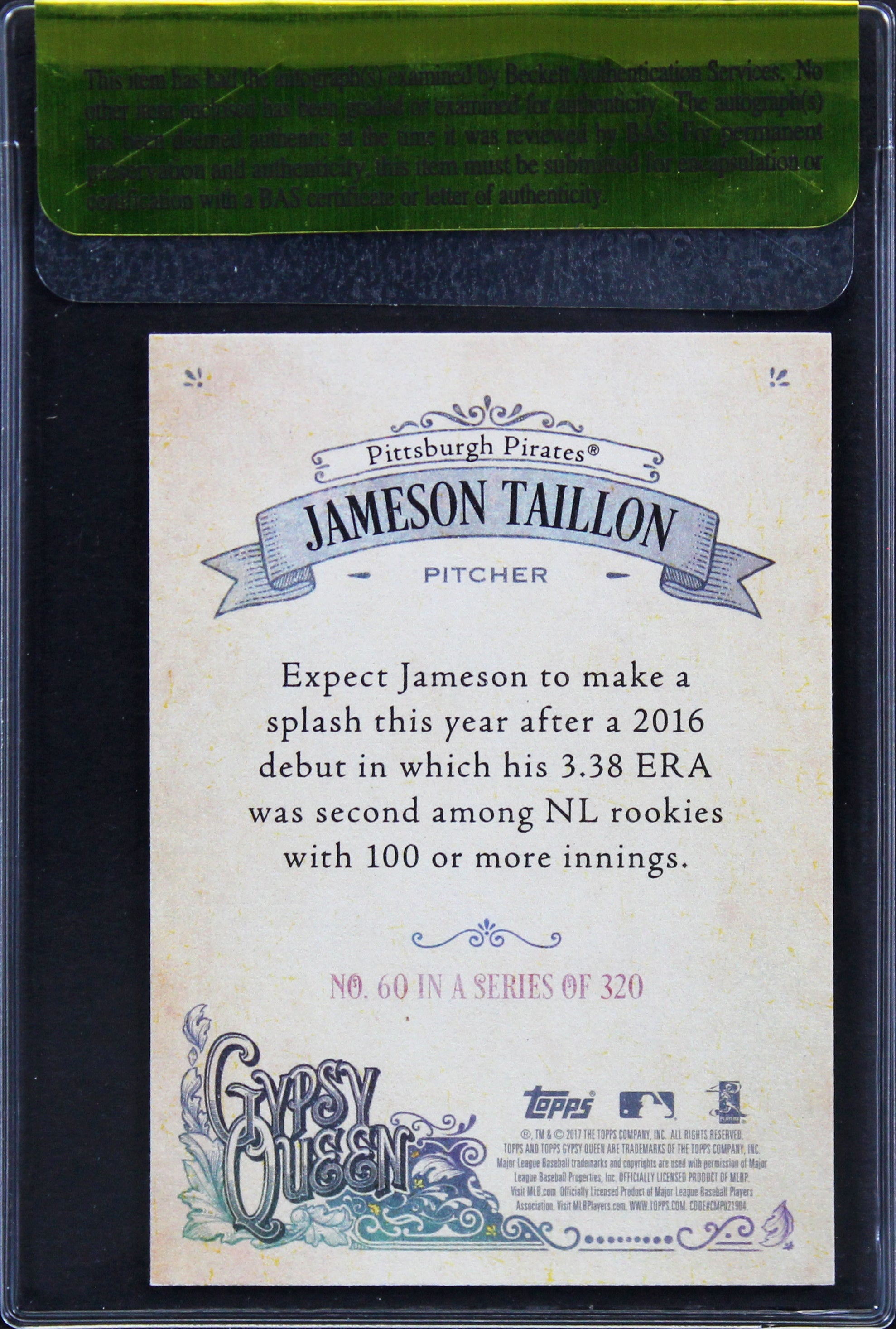 Pirates Jameson Taillon Signed 2017 Topps Gypsy Queen #60 Card BAS #11308