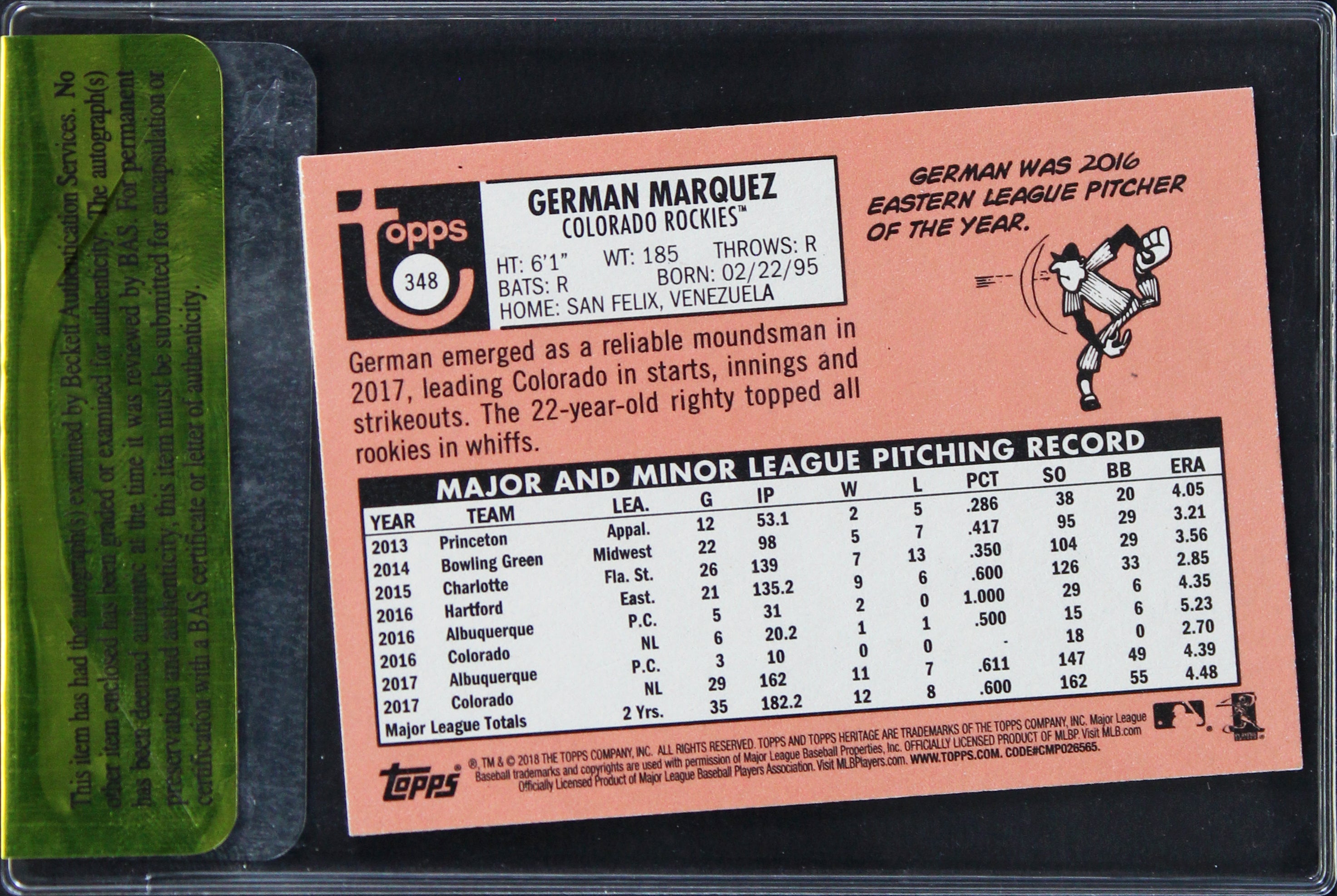 Rockies German Marquez Authentic Signed 2018 Topps Heritage #348 Card BAS #11301