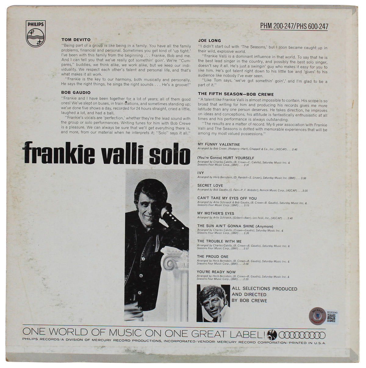 Frankie Valli Signed The 4 Seasons Present Solo Album Cover BAS #BG83040