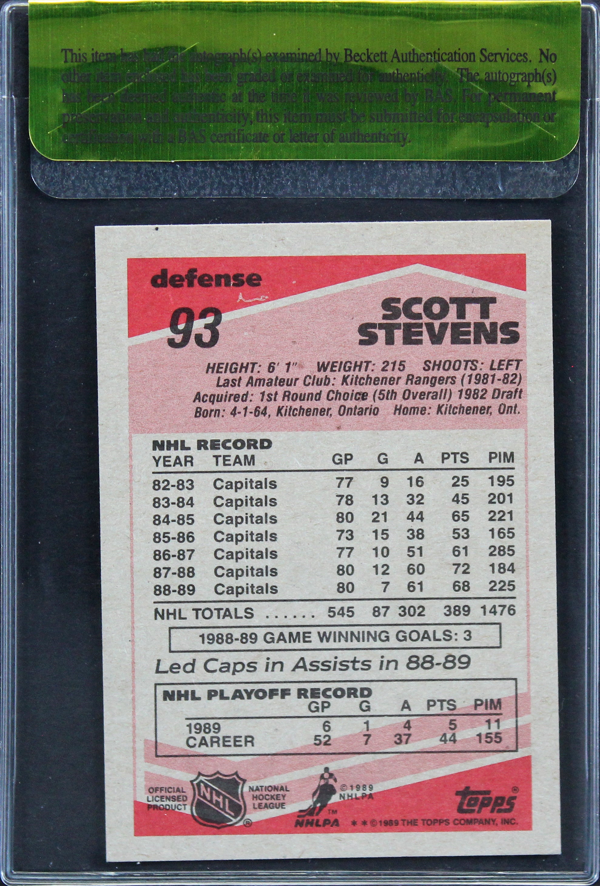 Capitals Scott Stevens Authentic Signed 1989 Topps #93 Card BAS #11374