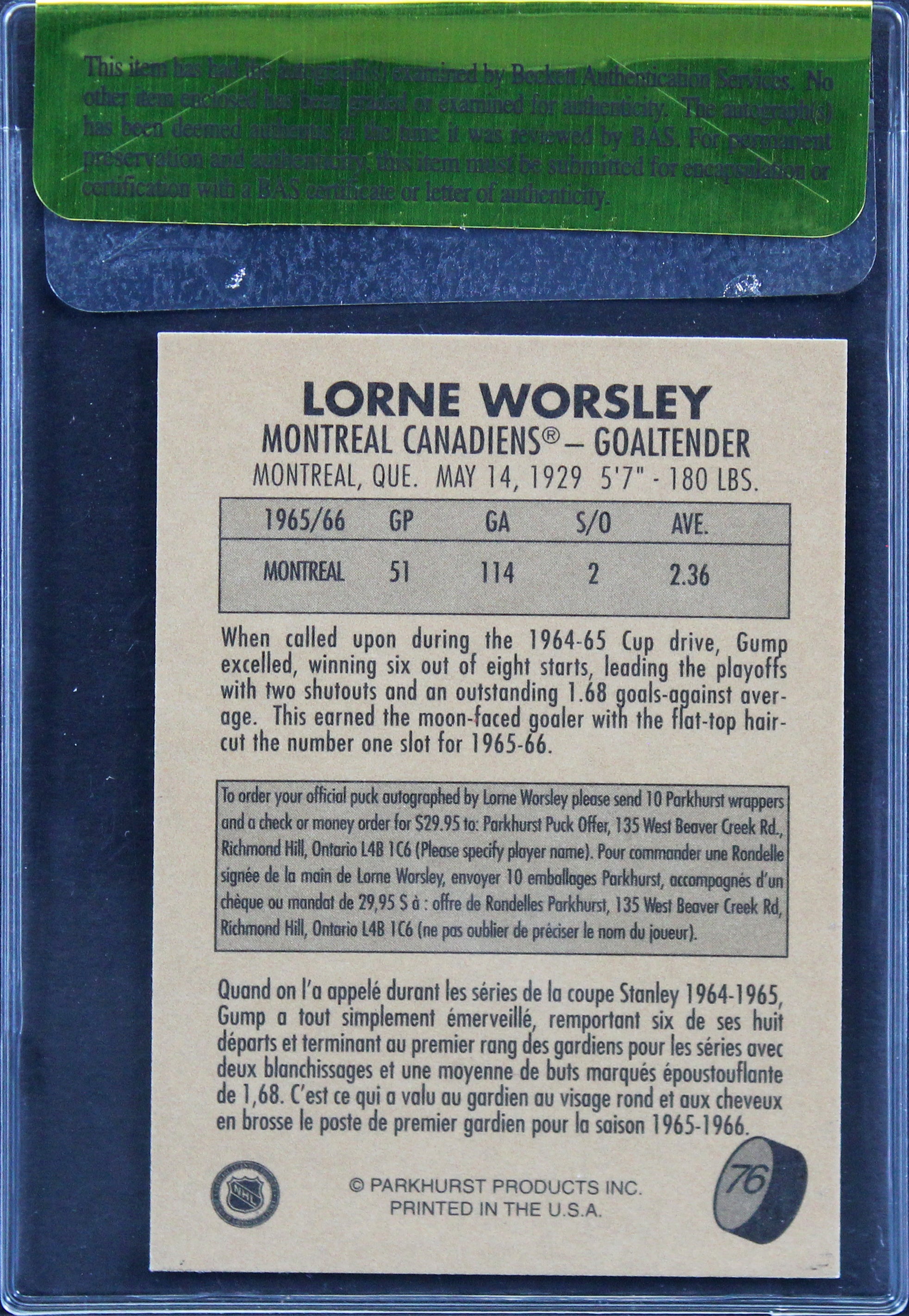 Canadiens Lorne Worsley Authentic Signed 1995 Parkhurst #76 Card BAS #11383