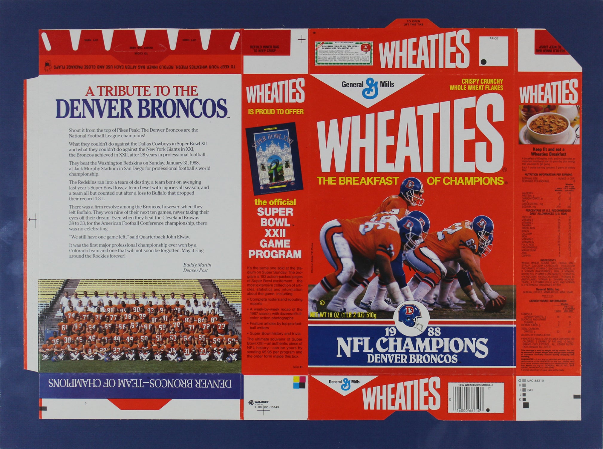 Rare 1988 NFL Champion Denver Broncos Unfolded MISPRINT Wheaties Box Un-signed