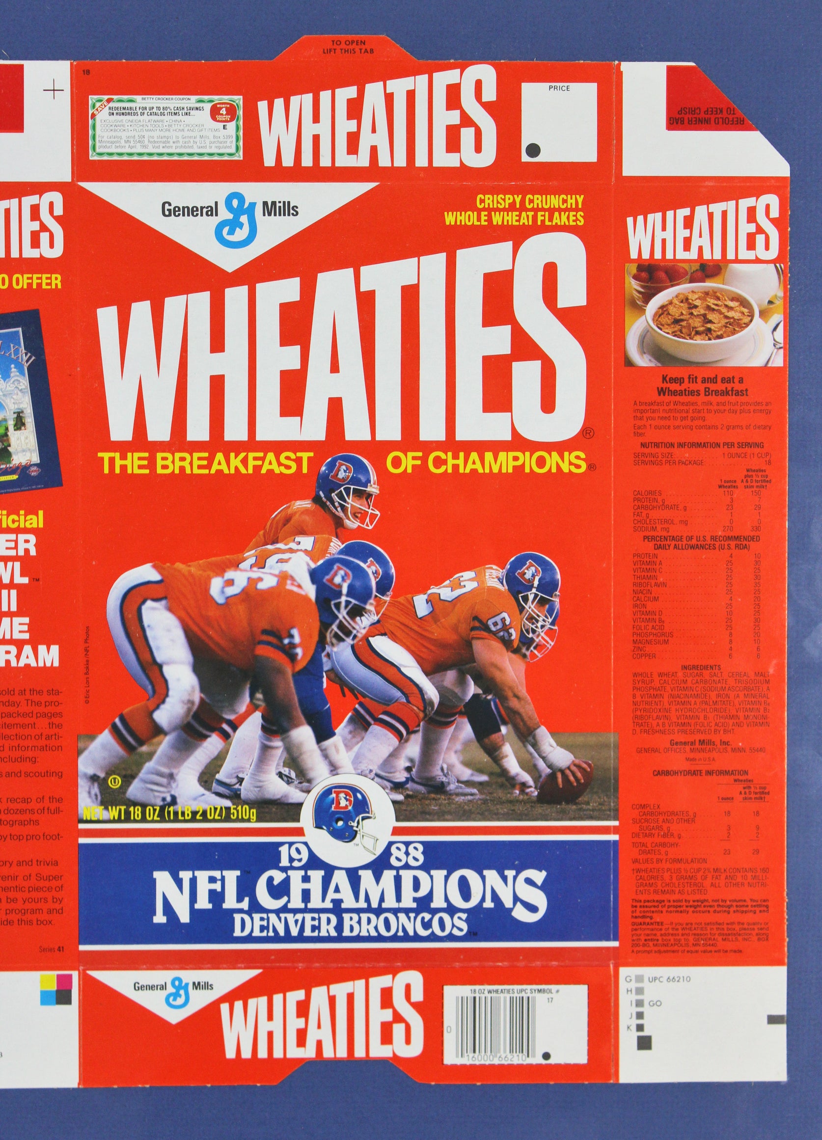 Rare 1988 NFL Champion Denver Broncos Unfolded MISPRINT Wheaties Box Un-signed