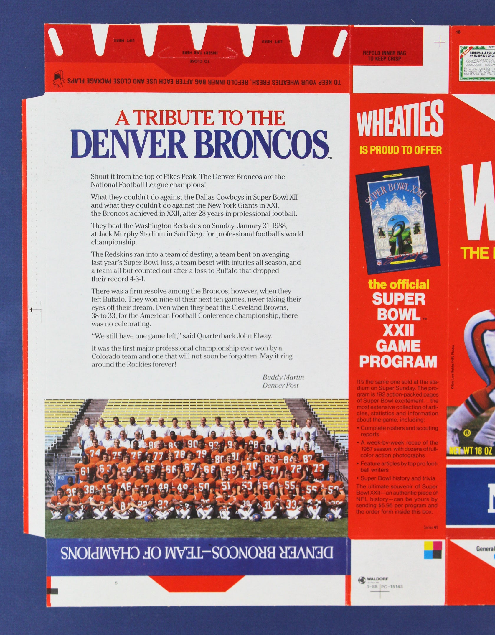 Rare 1988 NFL Champion Denver Broncos Unfolded MISPRINT Wheaties Box Un-signed