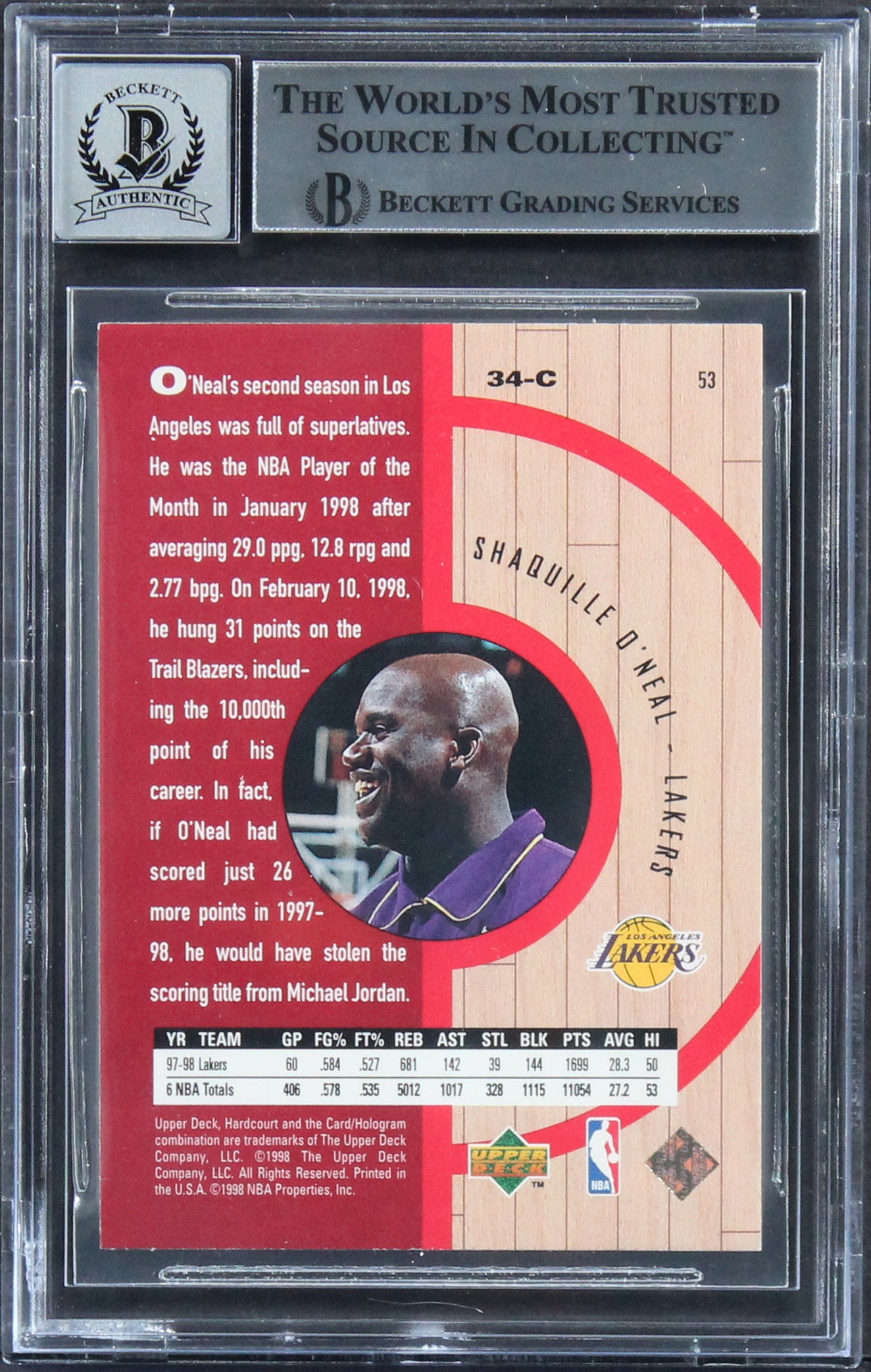 Shaquille O'Neal Signed 1998 Upper Deck Hardcourt #53 Card Auto 10! BAS Slabbed