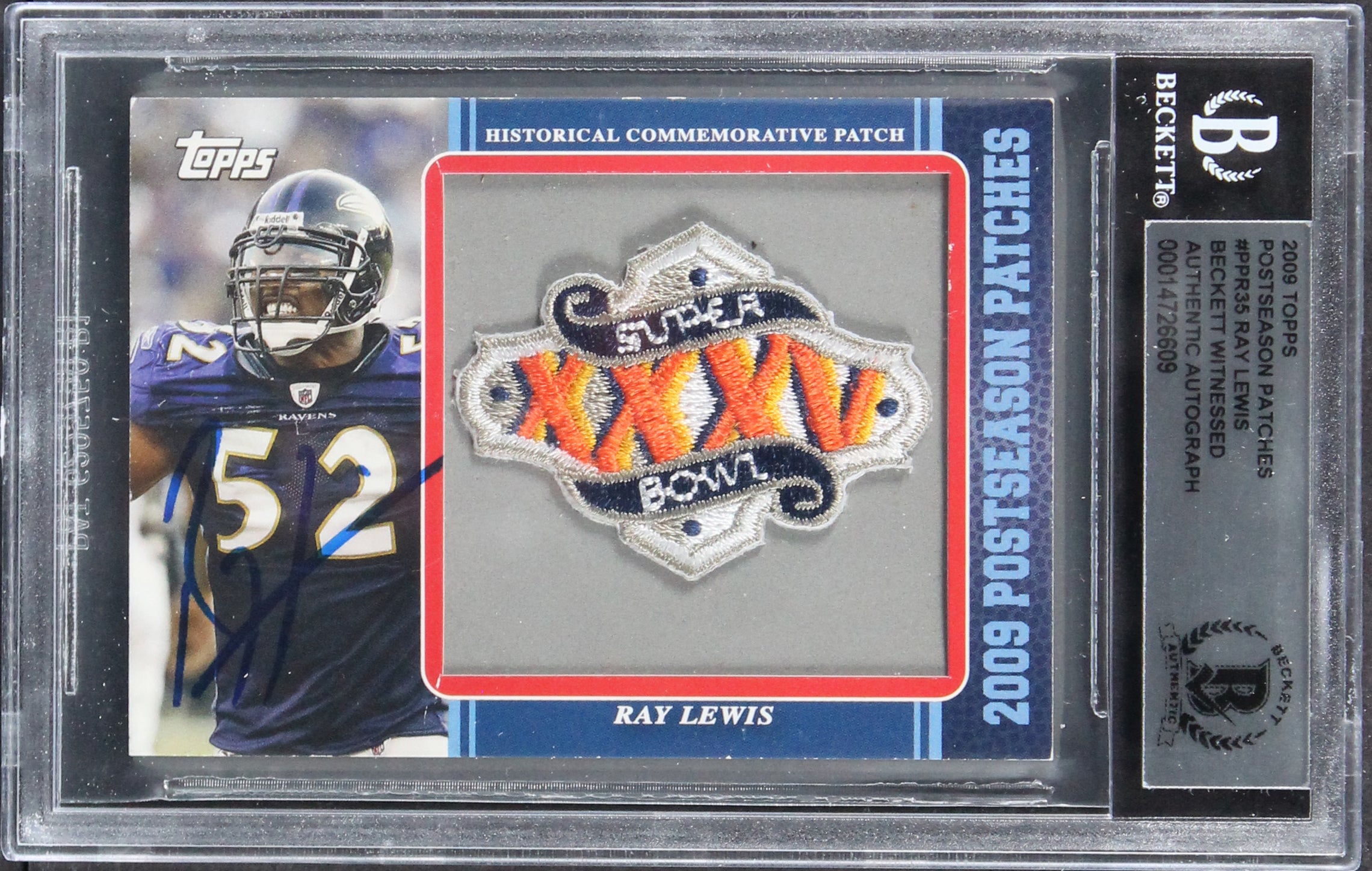 Ravens Ray Lewis Signed 2009 Topps Postseason Patches #PPR35 Card BAS Slabbed