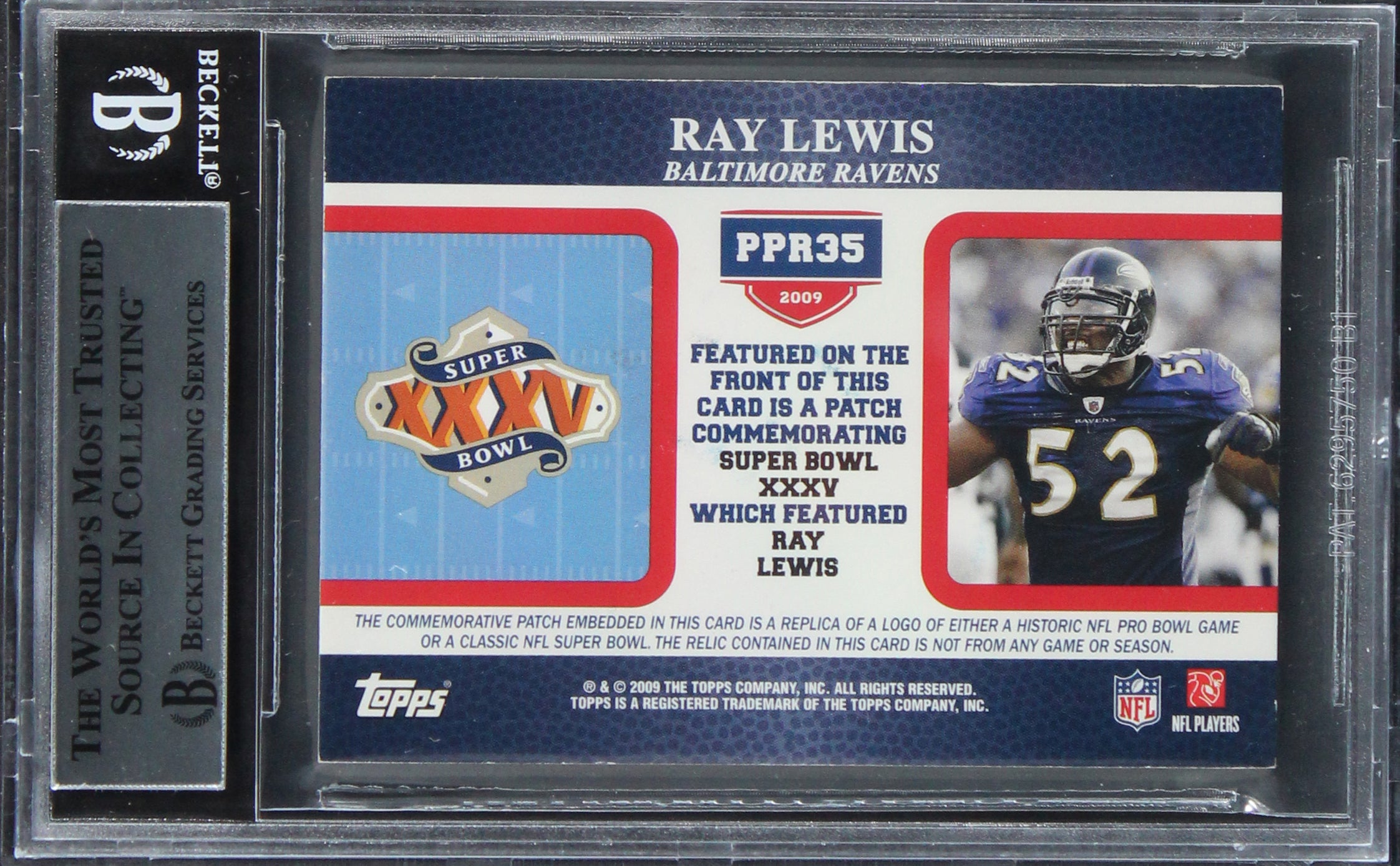 Ravens Ray Lewis Signed 2009 Topps Postseason Patches #PPR35 Card BAS Slabbed