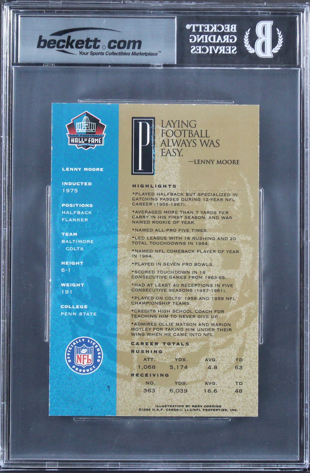 Colts Lenny Moore "HOF 75" Signed 2003 Ron Mix HOF Gold #70 Card BAS Slabbed 2