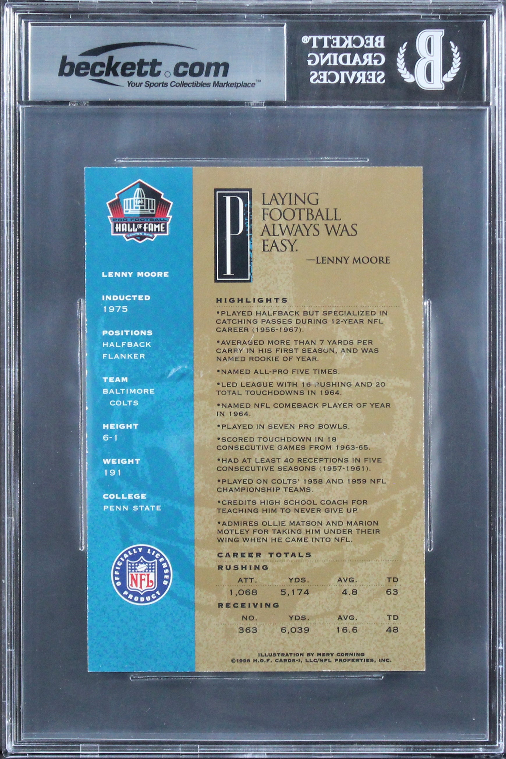 Colts Lenny Moore "HOF 75" Signed 2003 Ron Mix HOF Gold #70 Card BAS Slabbed 3