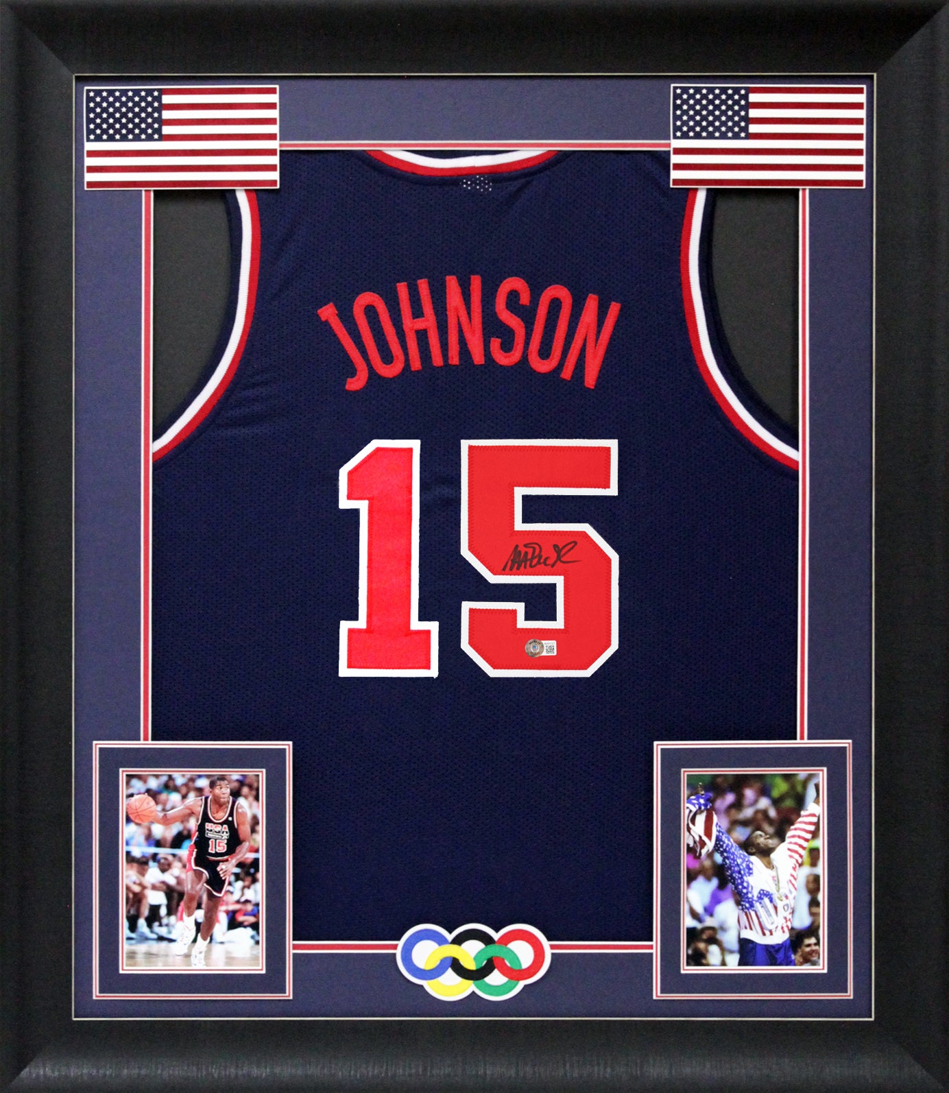 Magic Johnson  Team USA Authentic Signed Navy Blue Framed Jersey BAS Witnessed