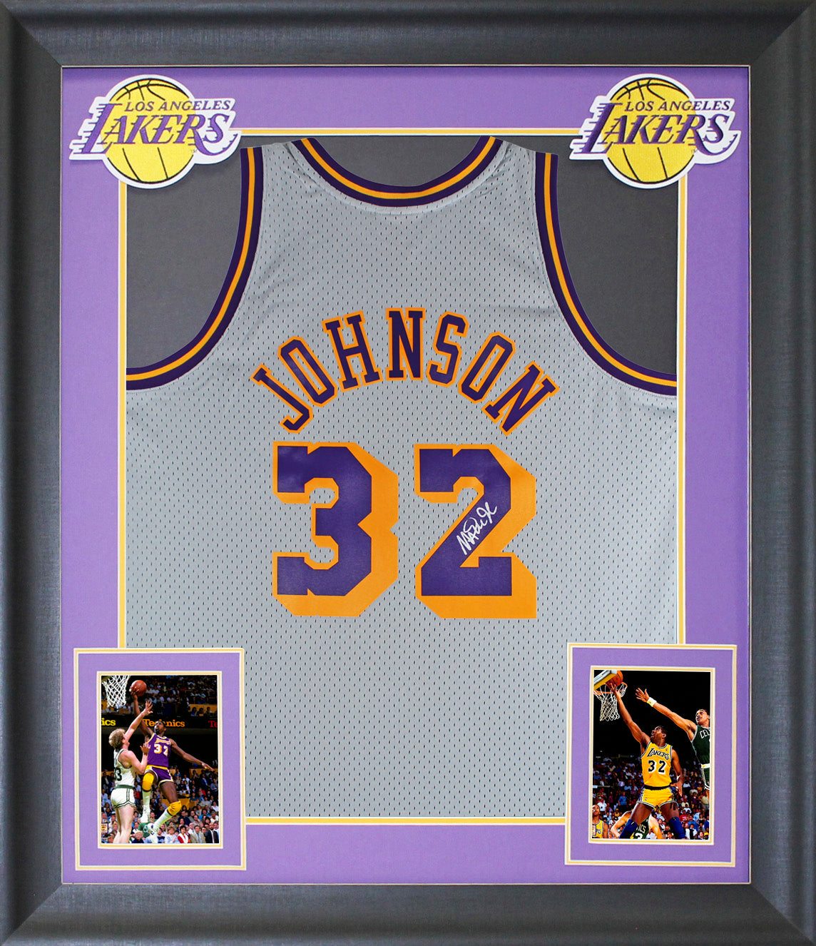 Lakers Magic Johnson Signed Grey M&N HWC Swingman Framed Jersey BAS Witnessed