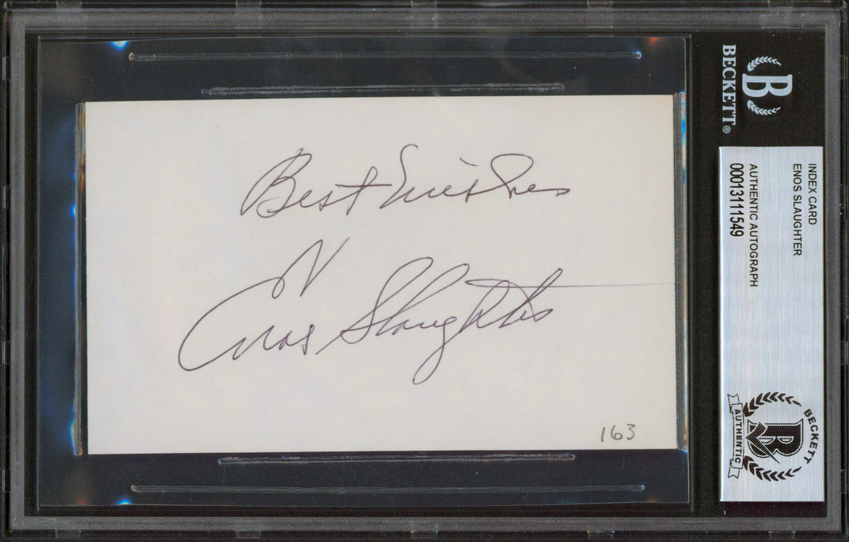 Cardinals Enos Slaughter Best Wishes Authentic Signed 3x5 Index Card BAS Slabbed