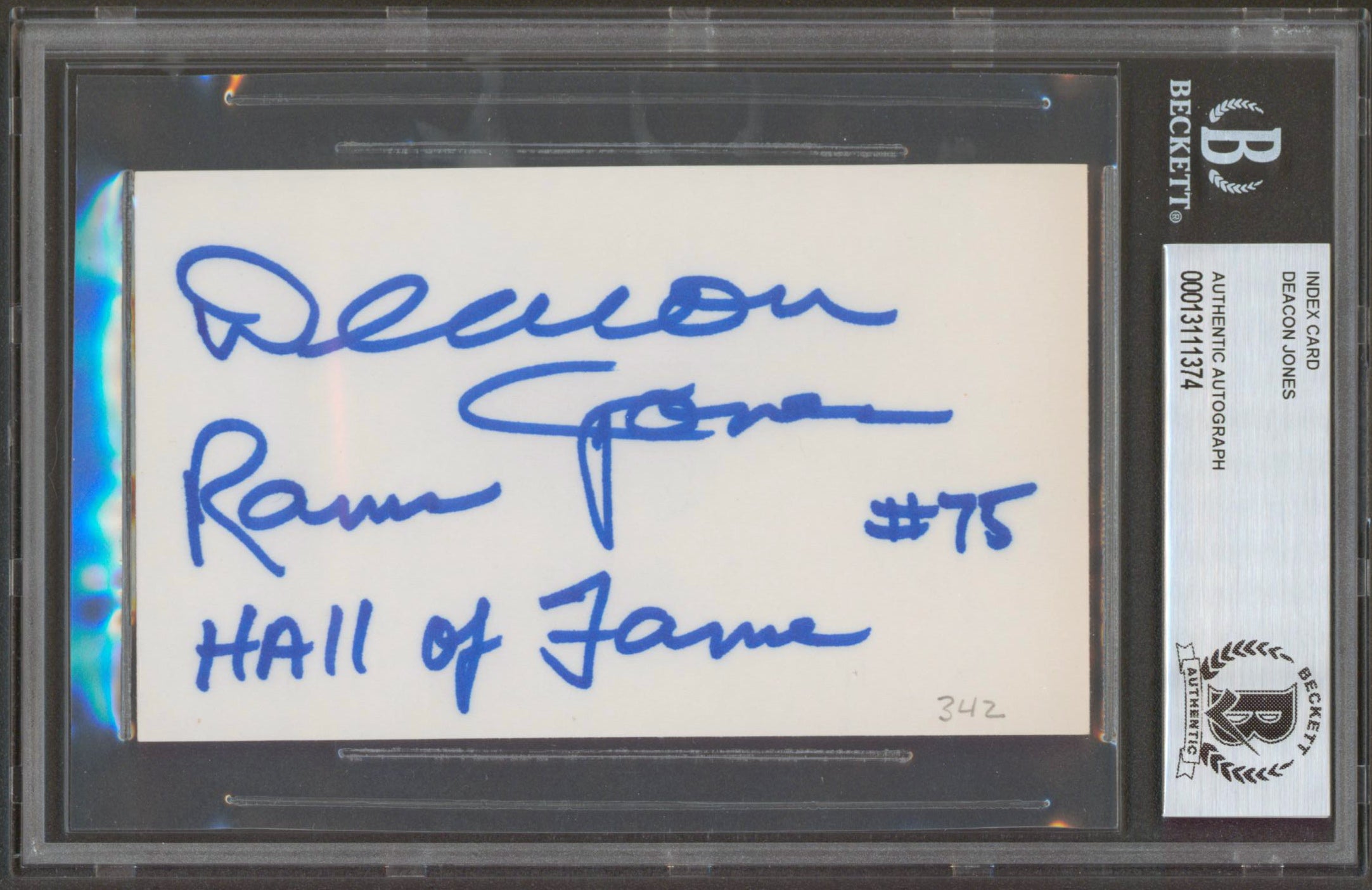 Rams Deacon Jones  Authentic Signed 3x5  Index Card Autographed BAS Slabbed