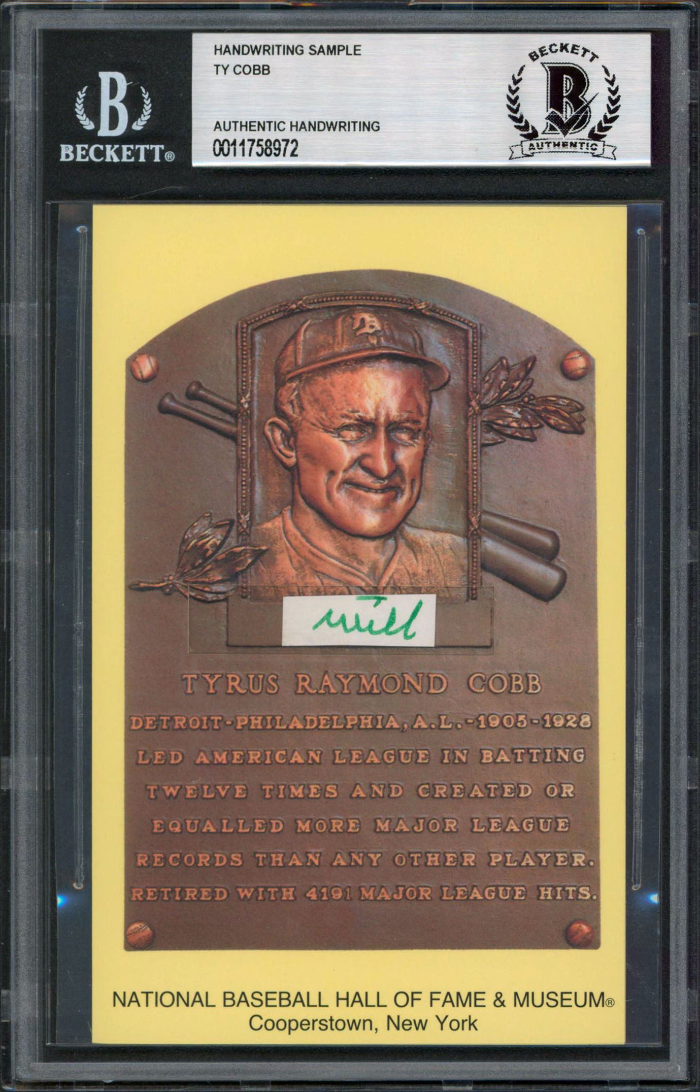 Tigers Ty Cobb Writing Sample 3.5x5.5 HOF Plaque Postcard BAS Slabbed 30