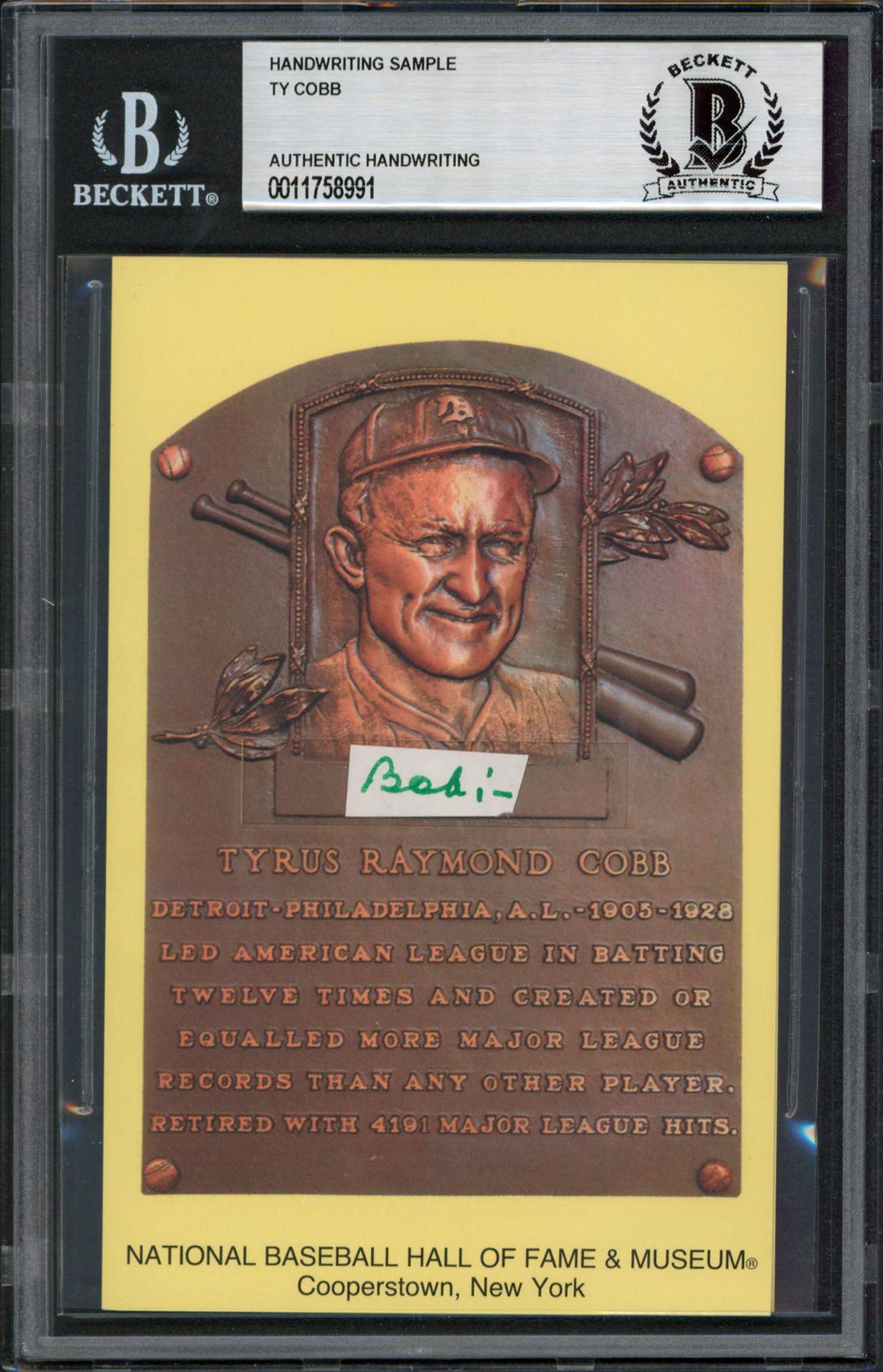 Tigers Ty Cobb Writing Sample 3.5x5.5 HOF Plaque Postcard BAS Slabbed 27