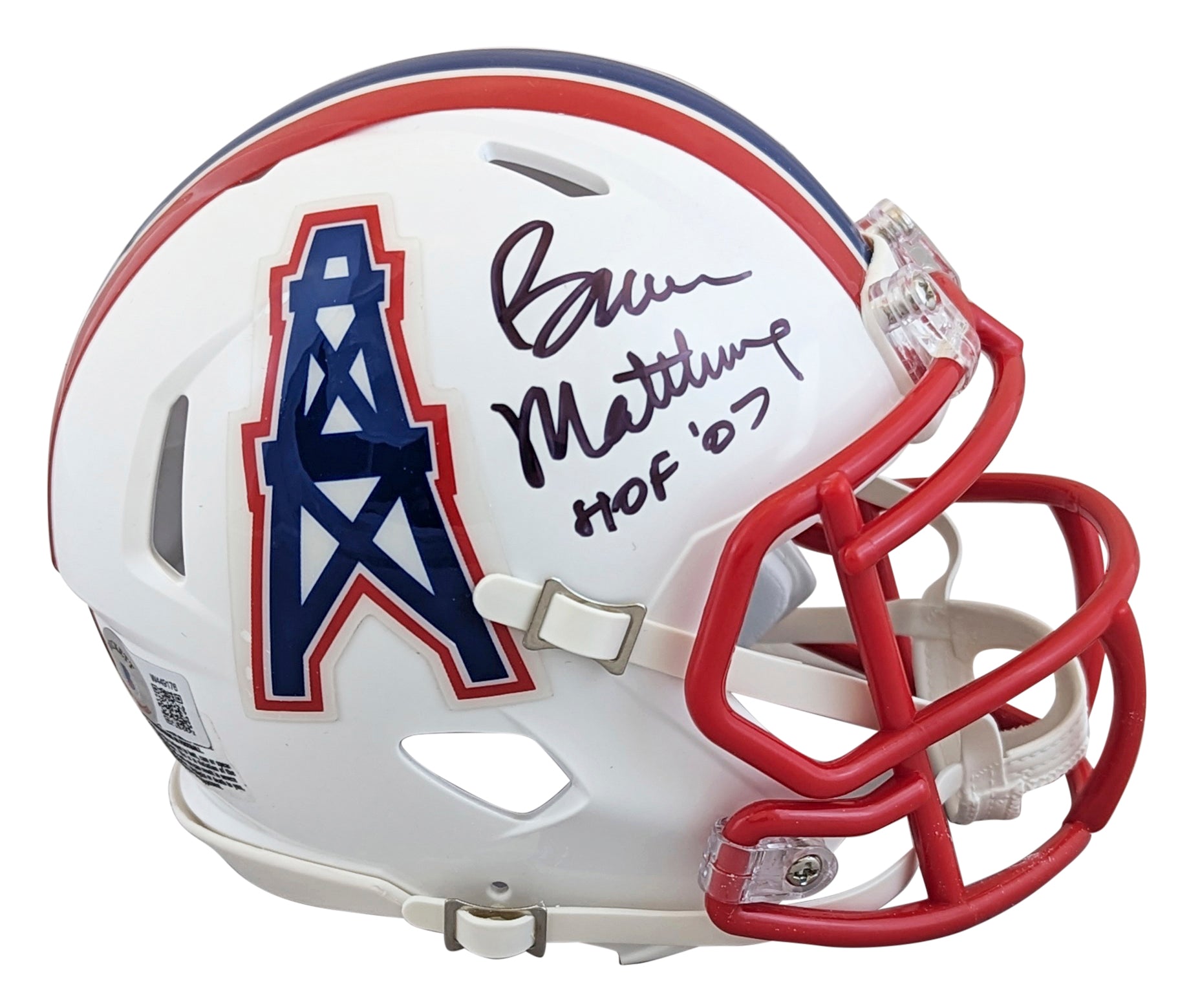 Oilers Bruce Matthews "HOF 07" Signed 81-98 TB Speed Mini Helmet BAS Wit