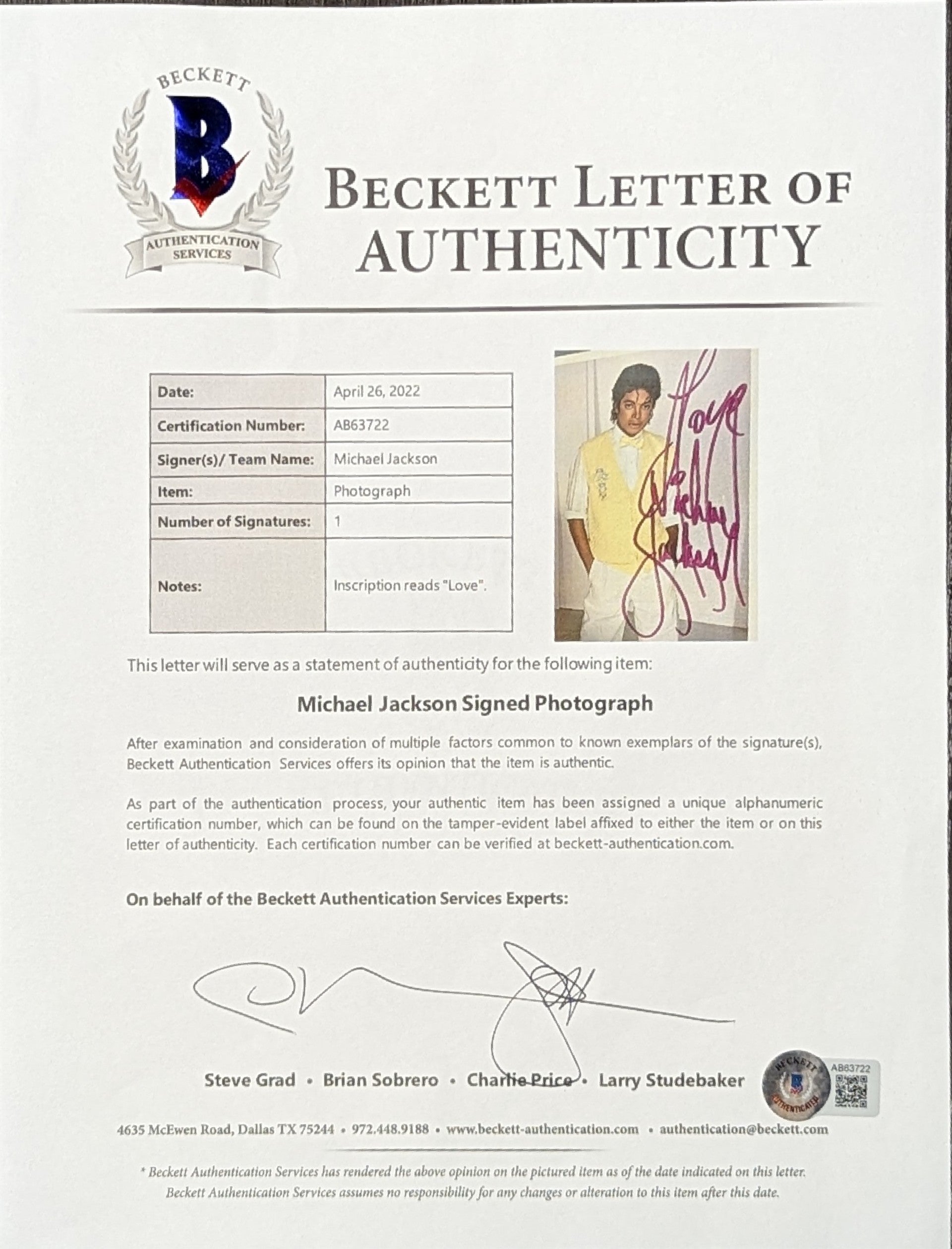 Michael Jackson Love Authentic Signed 7.5x9.5 1983 Promo Photo BAS #ACB63722