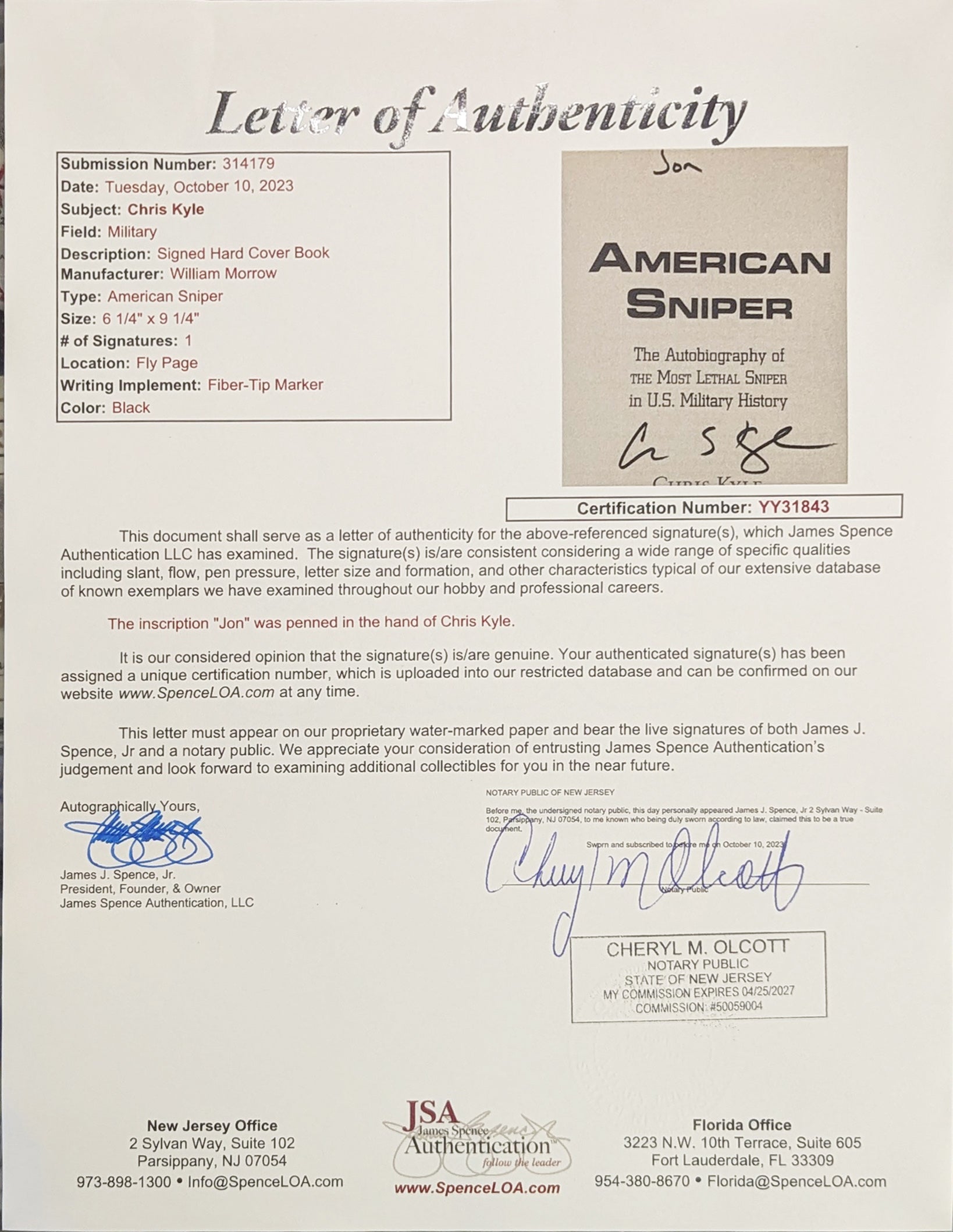 Chris Kyle Authentic Signed & Framed 4x4 Cut Signature JSA #YY31843