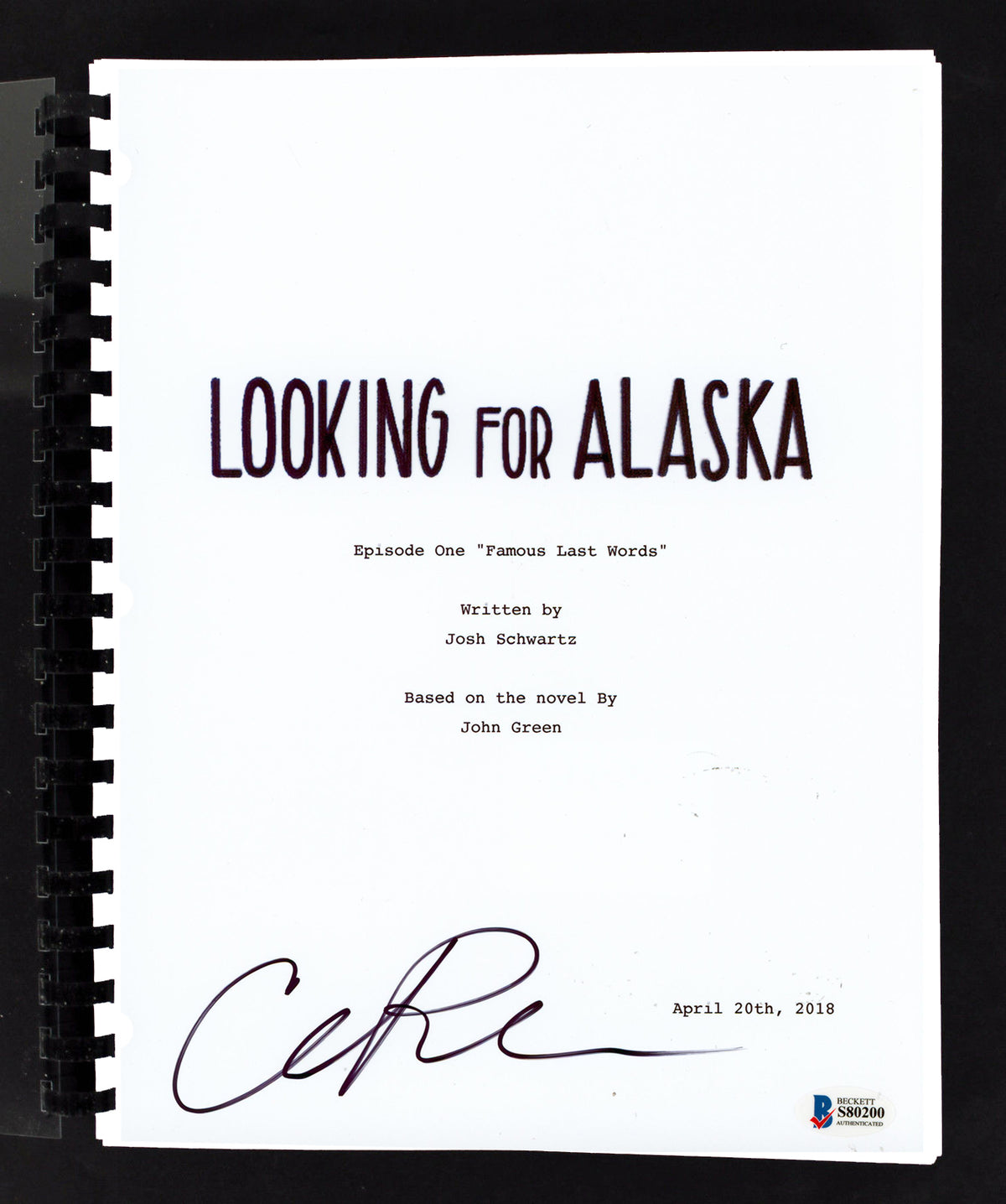 Charlie Plummer Signed Looking For Alaska Episode One Tv Script BAS #S80200