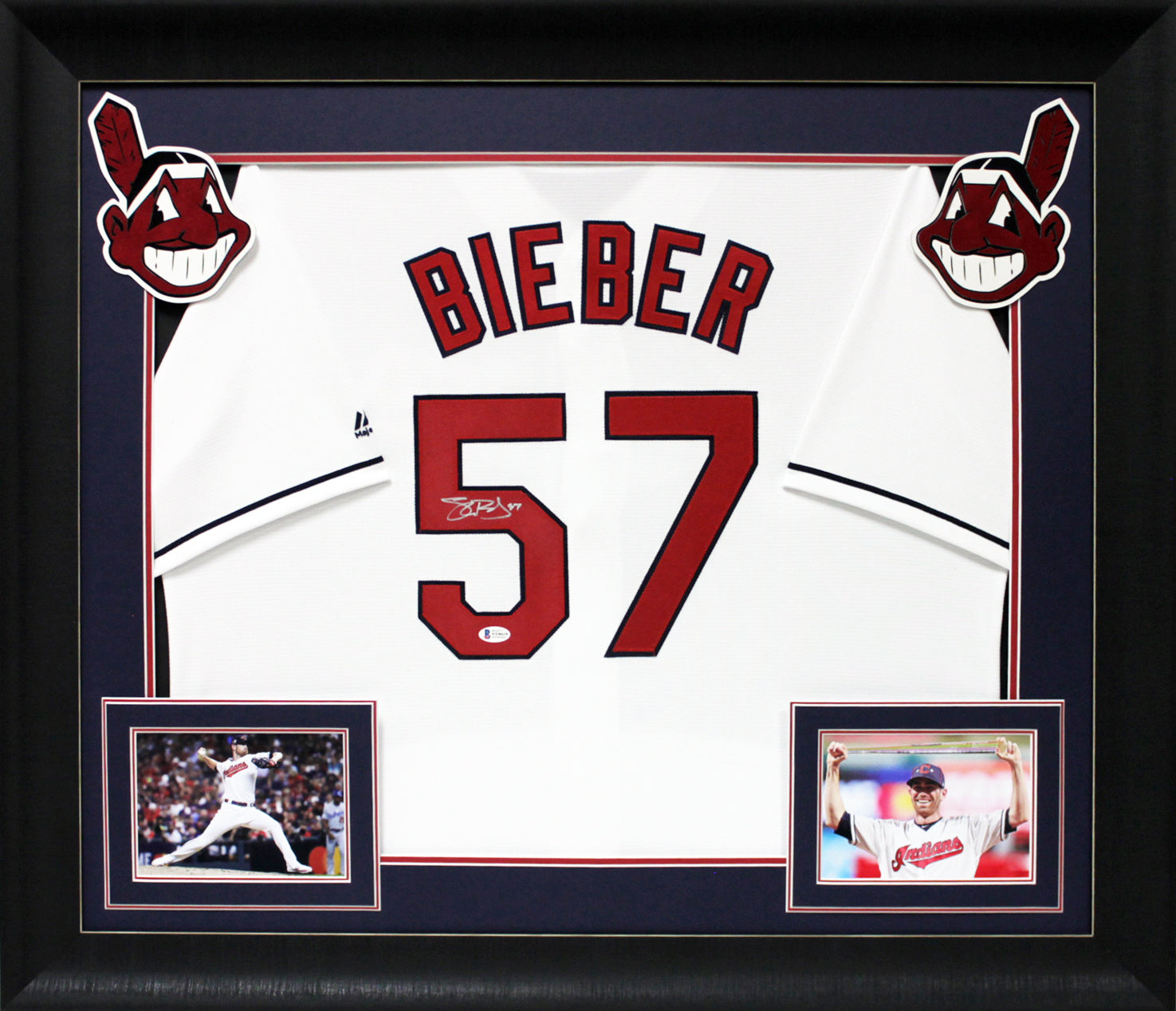 Indians Shane Bieber Signed White Majestic Cool Base Jersey Framed Jersey BAS