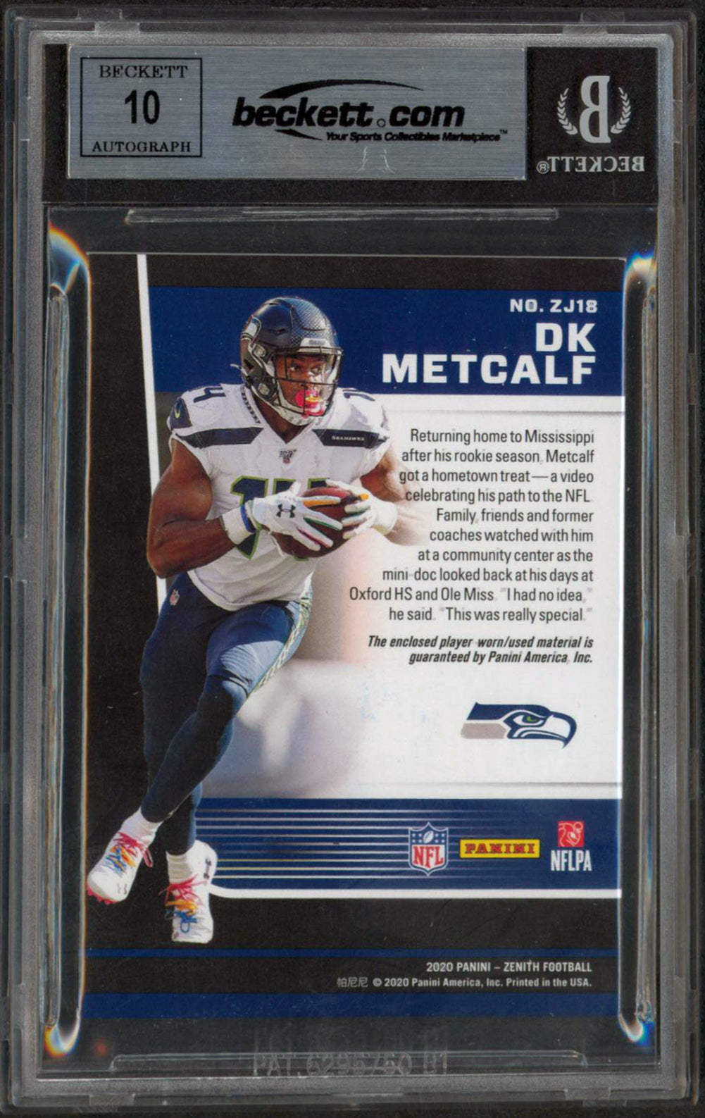 DK Metcalf Signed 2020 Zenith Jersey Copper #18 #34/35 Card Auto 10 BAS Slabbed