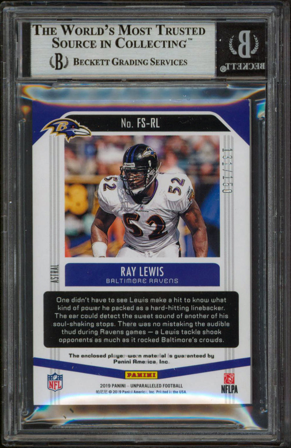 Ravens Ray Lewis Signed 2019 Panini Unparalleled FOS #4 131/150 Card BAS Slabbed