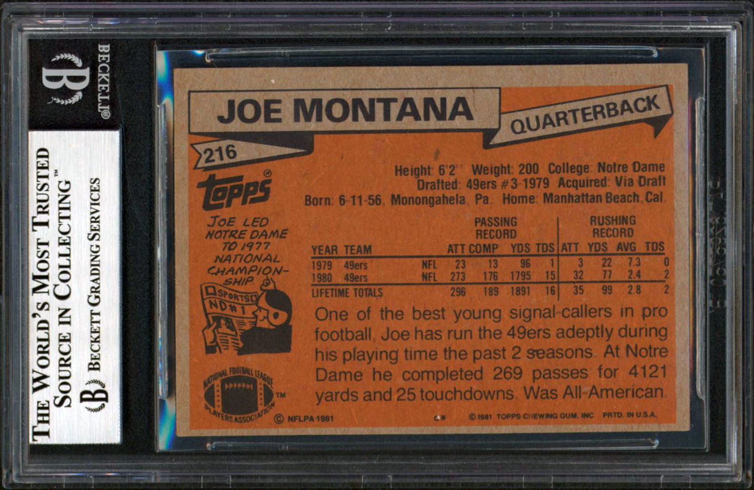 49ers Joe Montana "HOF 2000" Signed 1981 Topps #216 Rookie Card BAS Slabbed 1