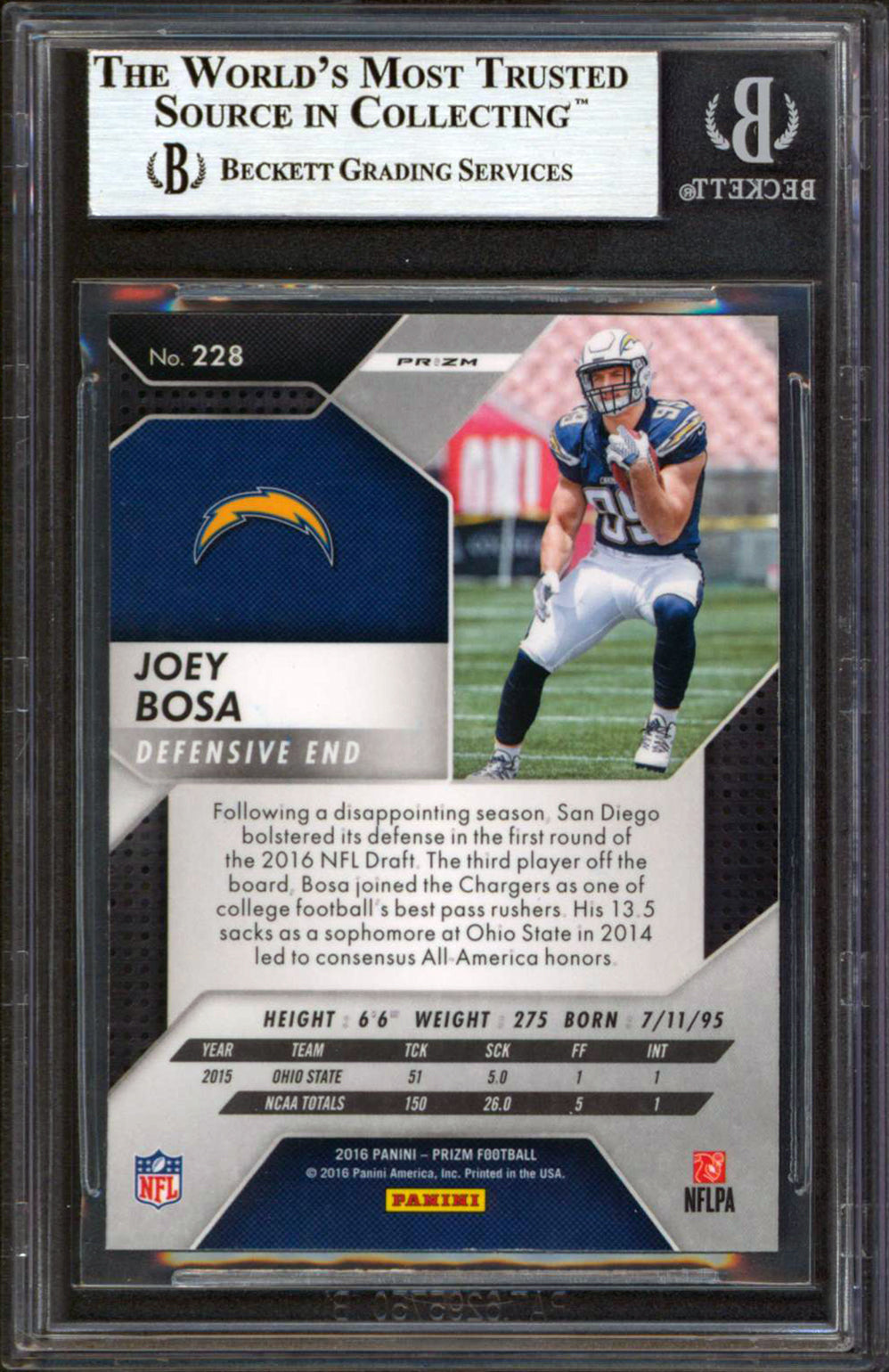 Chargers Joey Bosa Signed 2016 Panini Prizm Green #228 Rookie Card BAS Slabbed