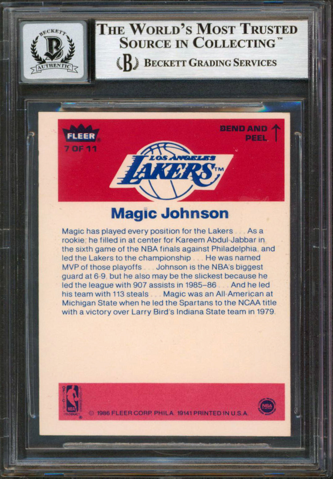 Lakers Magic Johnson Signed 1986 Fleer Stickers #7 Card Auto 10! BAS Slabbed
