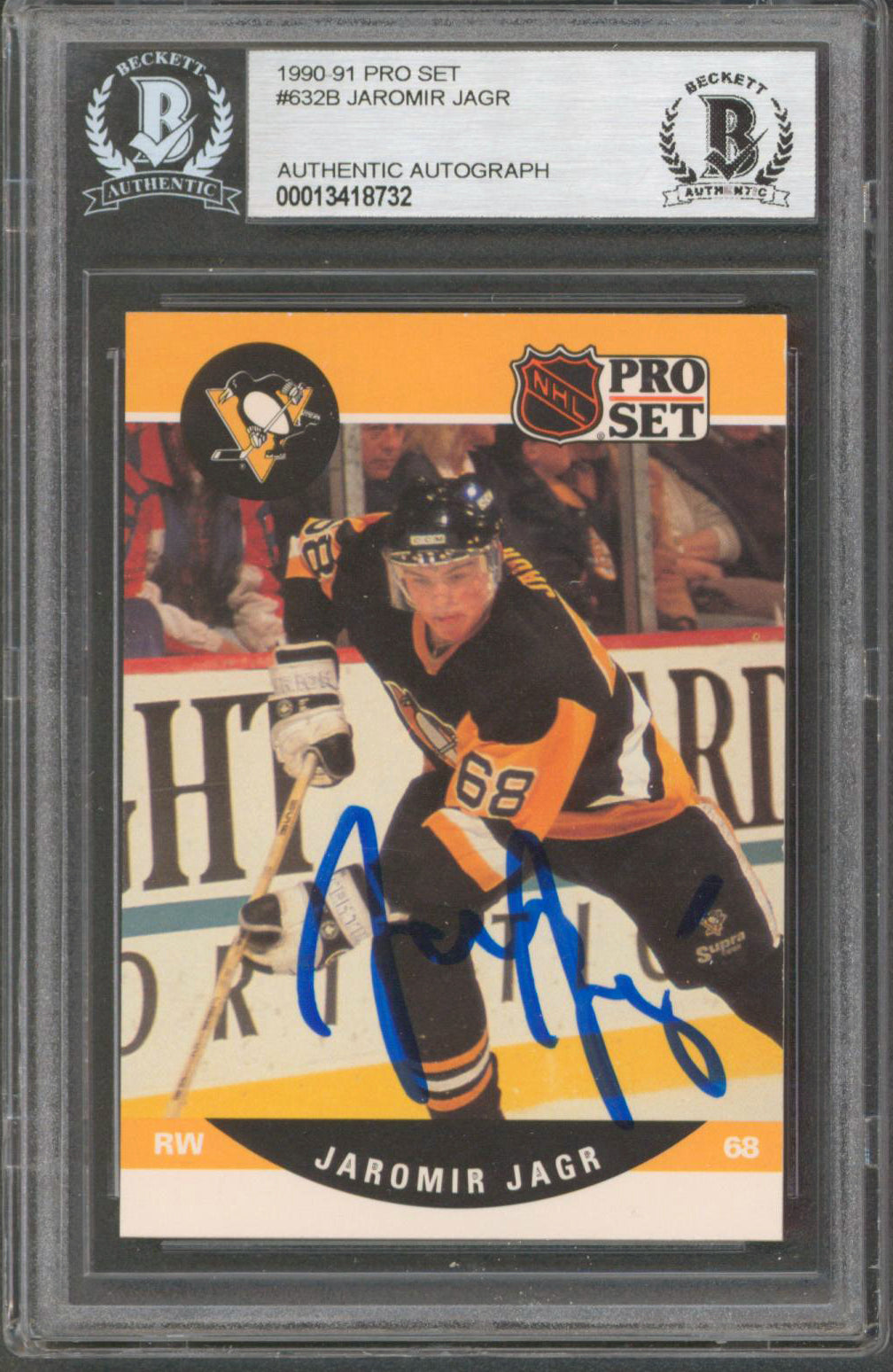 Penguins Jaromir Jagr Authentic Signed 1990 Pro Set #632B Rookie Card BAS Slab