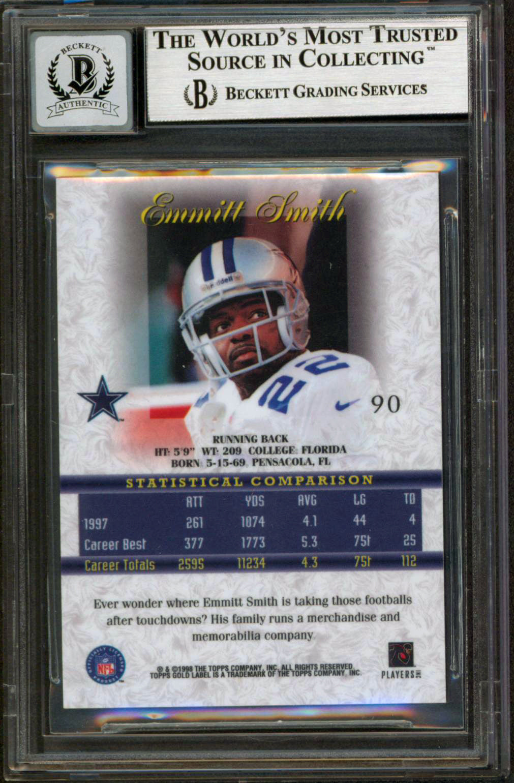 Cowboys Emmitt Smith Signed 1998 Topps Gold Label C1 #90 Card Auto 10! BAS Slab