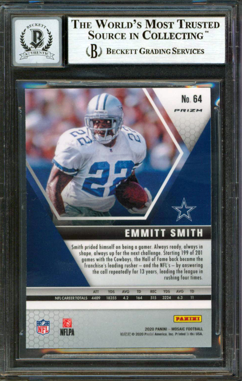 Cowboys Emmitt Smith Signed 2020 Panini Mosaic Reactive Blue 64 Auto 10 BAS Slab