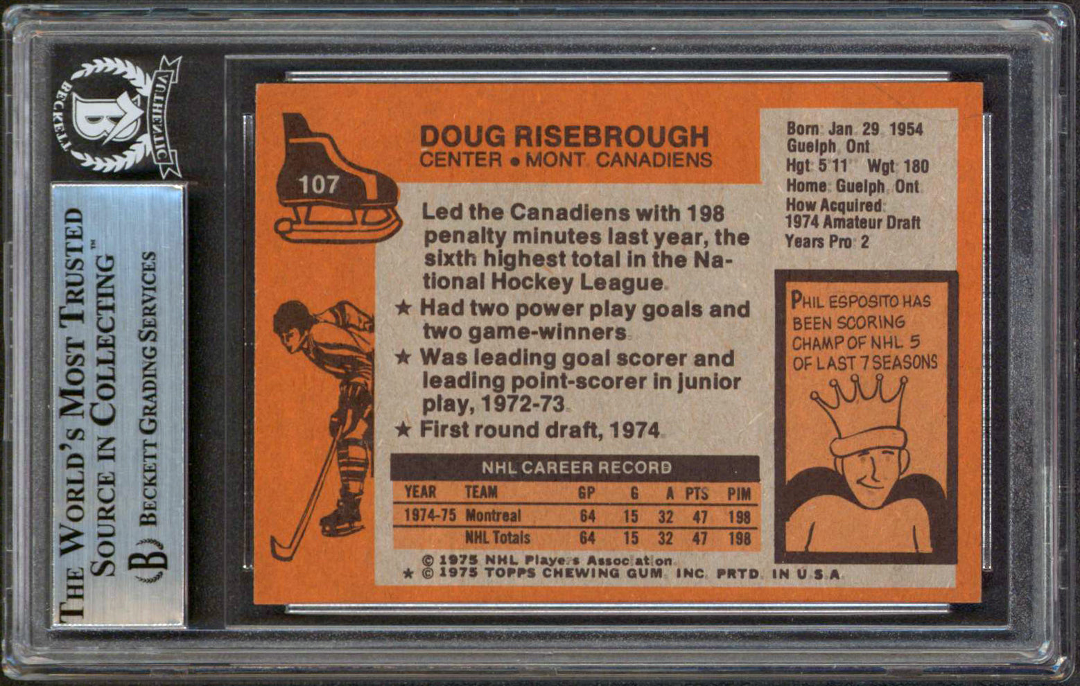 Canadiens Doug Risebrough Signed 1975 Topps #107 Rookie Card BAS Slabbed