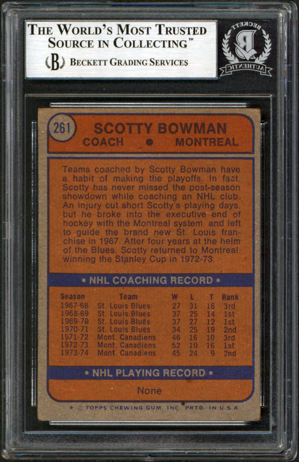 Canadiens Scotty Bowman Authentic Signed 1974 Topps #261 Card BAS Slabbed