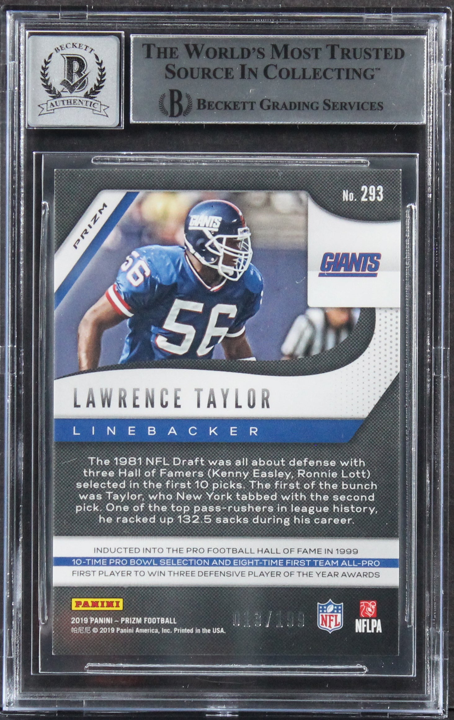 Lawrence Taylor Signed 2019 Panini Prizm Blue Wave #293 Card Auto 10! BAS Slab