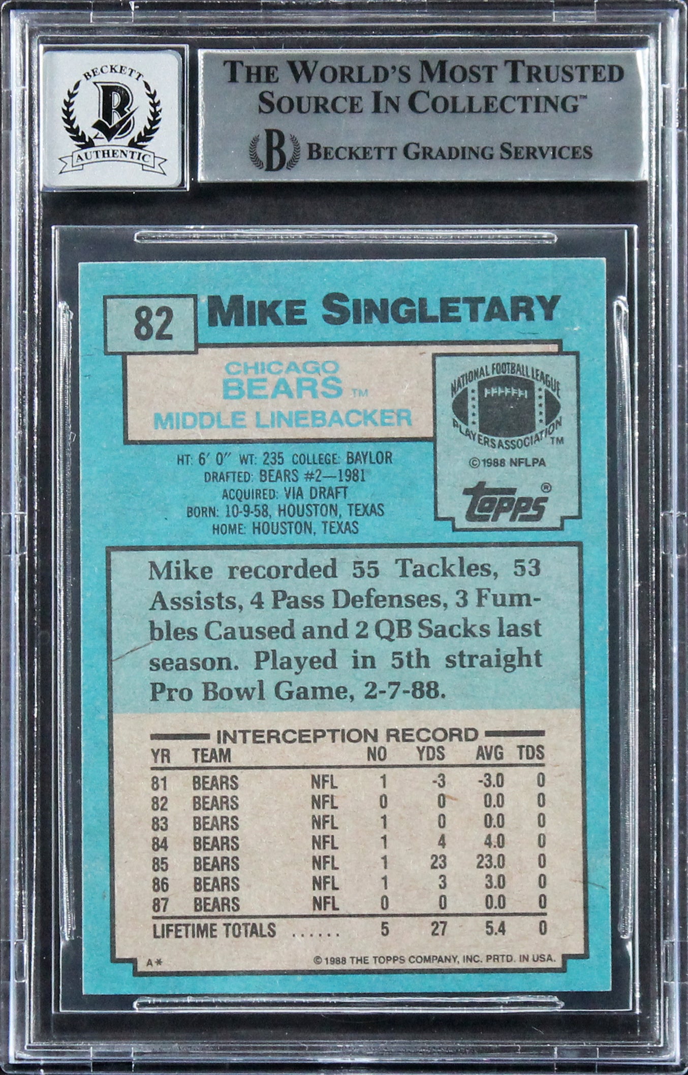 Bears Mike Singletary Authentic Signed 1988 Topps #82 Card Auto 10! BAS Slab