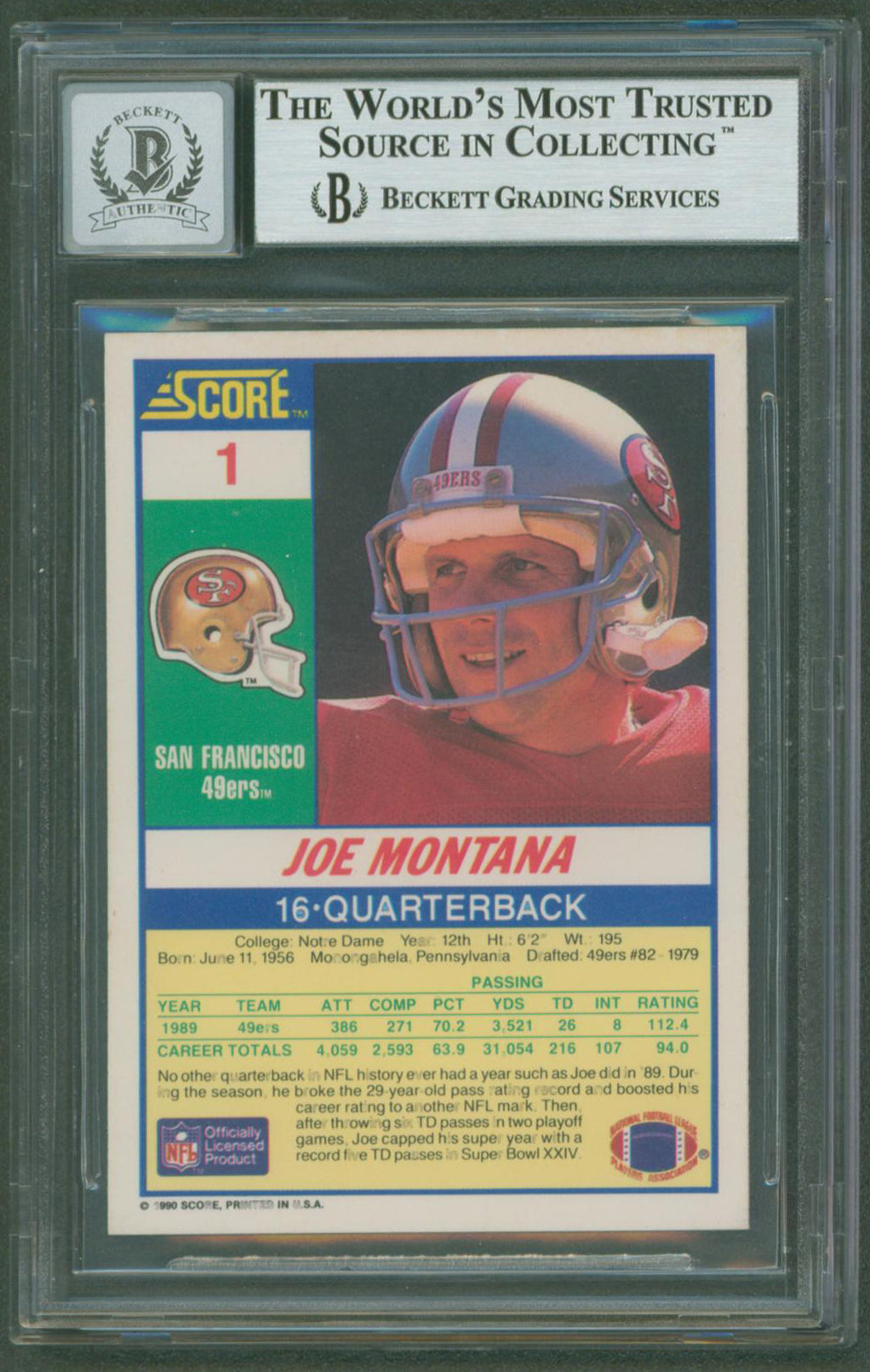 49ers Joe Montana Authentic Signed 1990 Score #1 Card Auto Grade 10! BAS Slabbed
